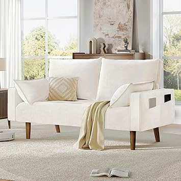 DWVO 56" Loveseat Sofa, Velvet Fabric Sofa Couch for Small Space, Modern Loveseat with Button Tufted Seat and Side Storage Pockect, 2 Seater Couch for Living Room Bedroom, 2 Pillows Included, Beige