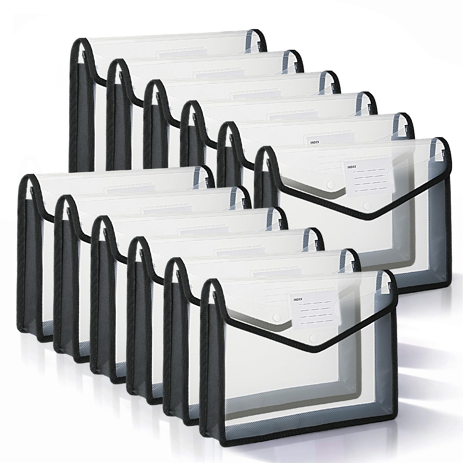 Photo 1 of 12 Pack Plastic Expanding File Folder, Folders for Documents with Snap Closure, Transparent Accordion File Pouch, A4 Letter Size Transparent Envelopes with Snap Closure (Black)