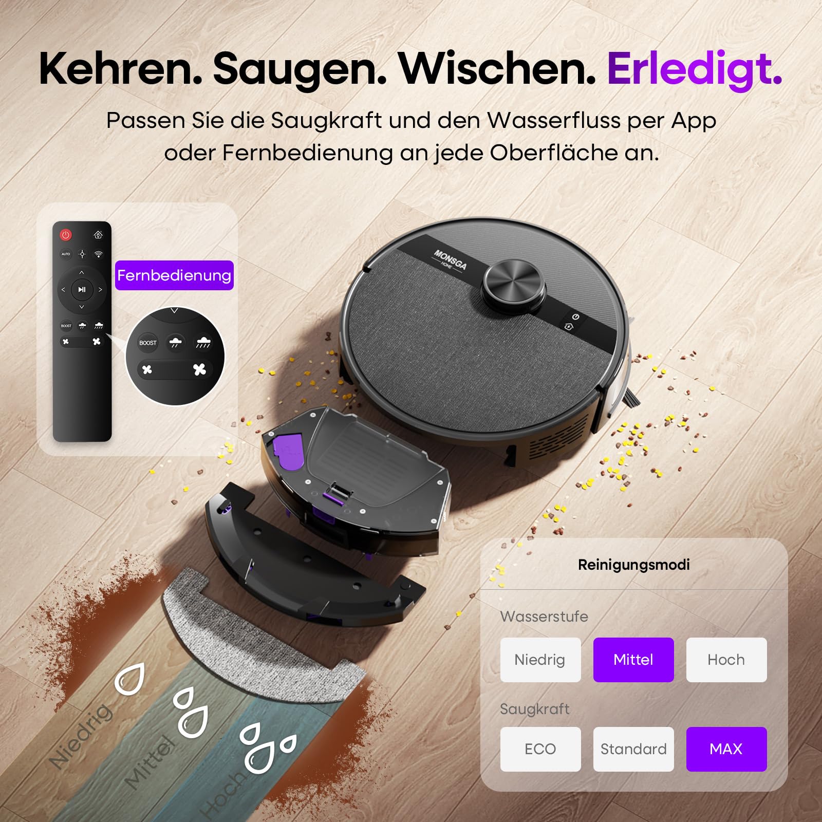 MONSGA Saugroboter mit Wischfunktion,5000Pa Saugkraft,180Min Laufzeit,Anti-Tangle-System,LiDAR Navigation, Staubsauger Roboter für Teppich, Tierhaare, APP & Fernbedienung Steuerung (Schwarz)