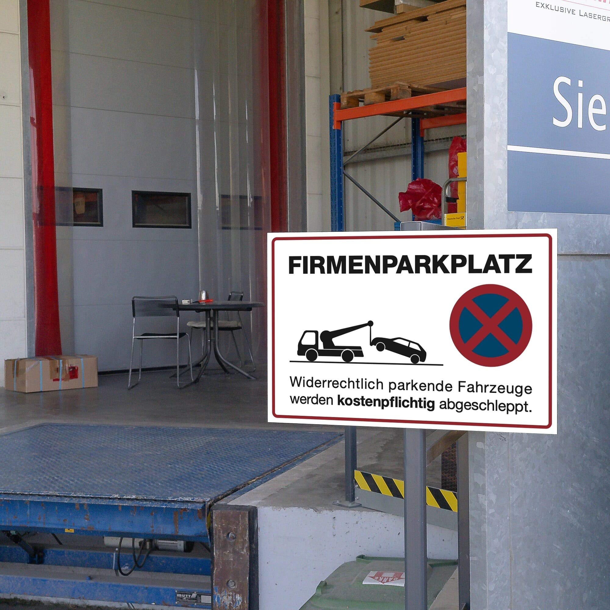 Parken verboten Schild – Firmenparkplatz, Alu-Verbund 600x400 mm, Weiß