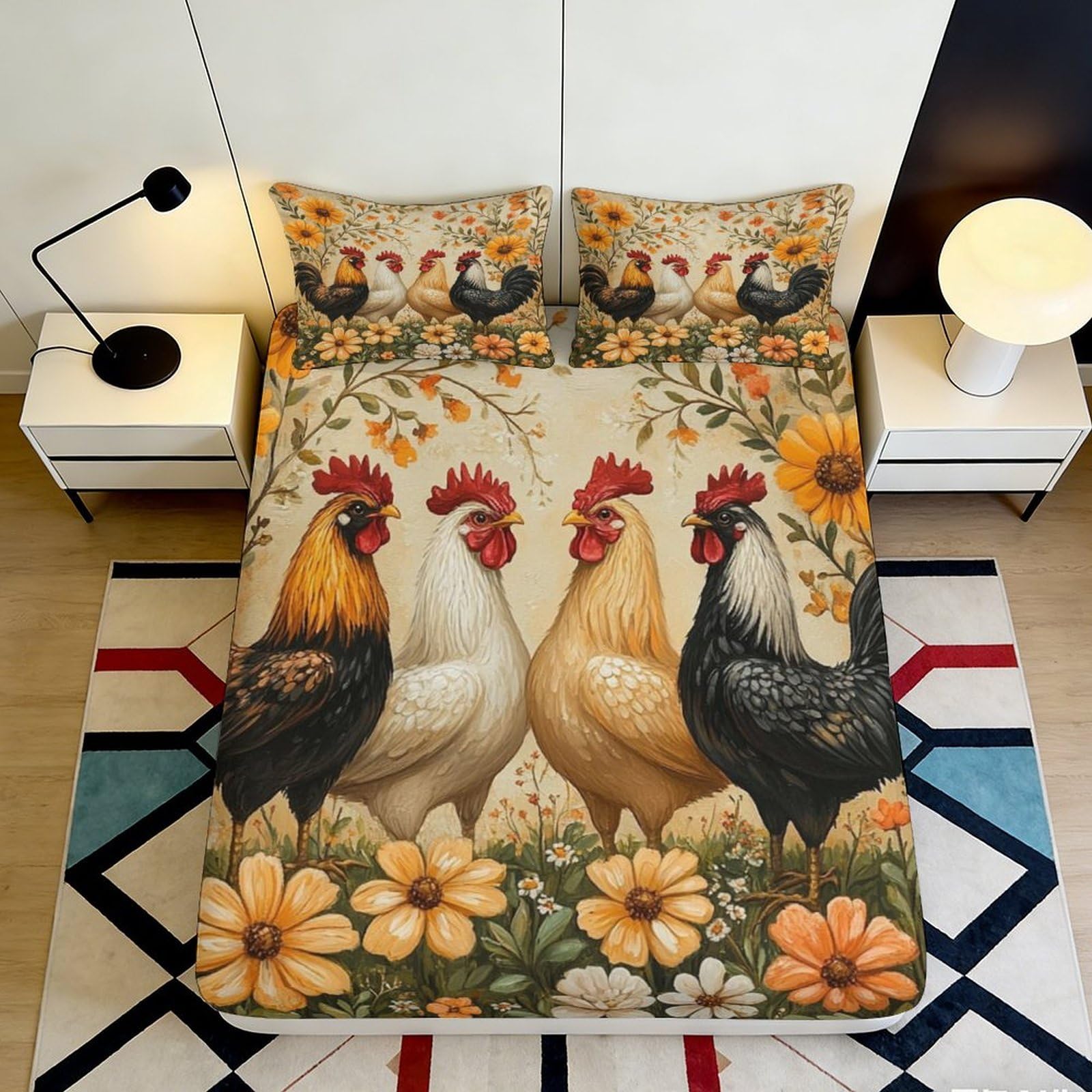 3D Printed Rooster Farmhouse Fitted Sheet Microfiber Anti-Slip Sunflower Bed Cover for Bedroom Guest Room Decor 90x200x25cm