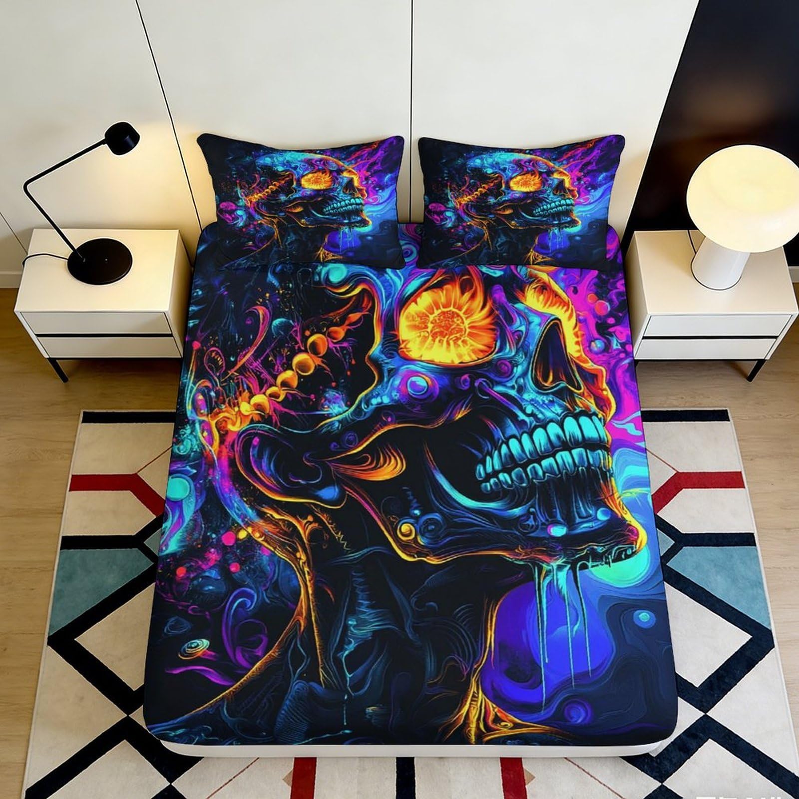 Pnayamiorkfel Style-9 3D Printed Neon Skull Fitted Sheet Microfiber Vibrant Artistic Fire Eye Bed Cover For Bedroom Dorm Mattress Decor 90X200x25cm