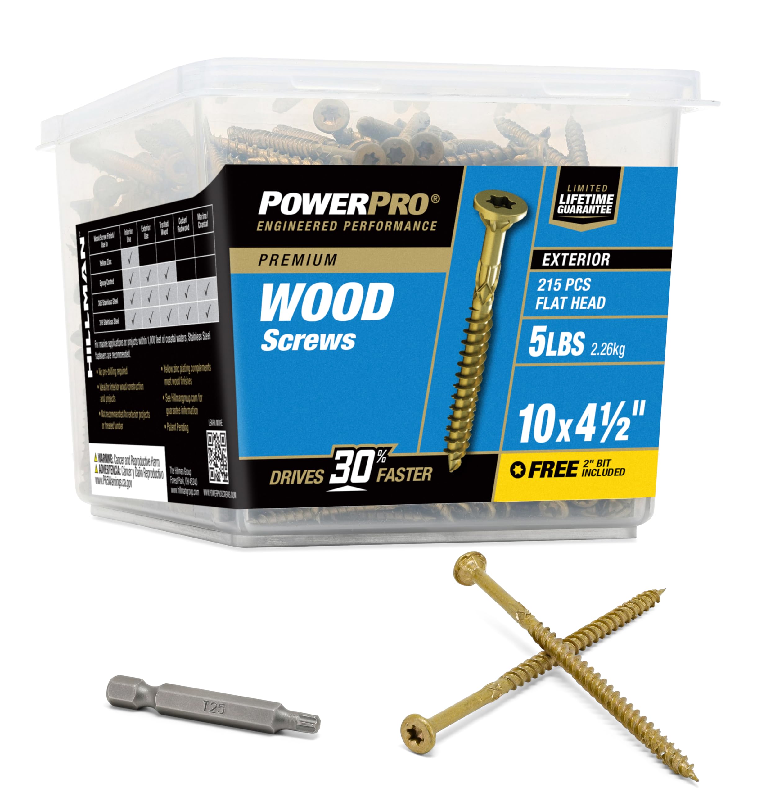 Power Pro Premium Exterior Wood Screws, #10 x 4-1/2" Inch All-Purpose Deck Screws for Outdoor Projects, T-25 Star Bit Included, Bronze, 215 Pieces | 48616V4