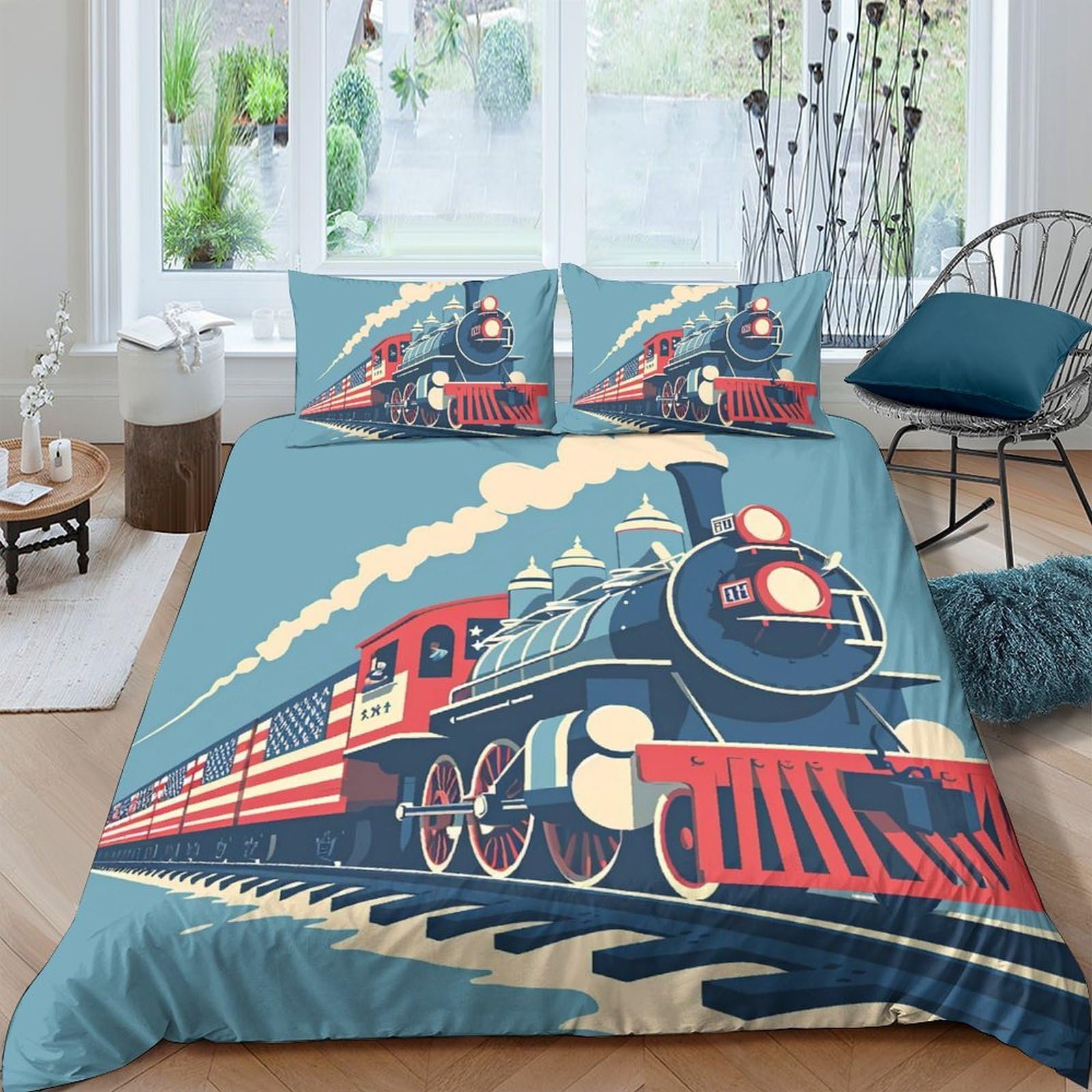Ctjqhvkz Style-5 3D Printed Vintage Train Fitted Sheet Microfiber Soft Blue Railway Scene Bed Cover For Bedroom Guest Room Decor Single（135X200cm）