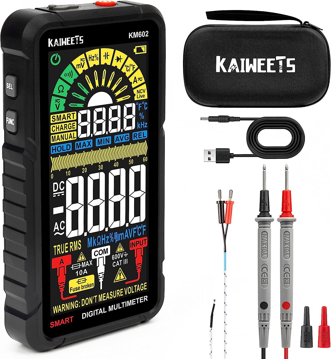 KAIWEETS Multimètre Automatique Rechargeable 6000 Comptes, Multimètre Numérique Professionnel, Testeur Electrique, Mesure de Courant Tension Résistance Continuité Capacité Diode Fréquence