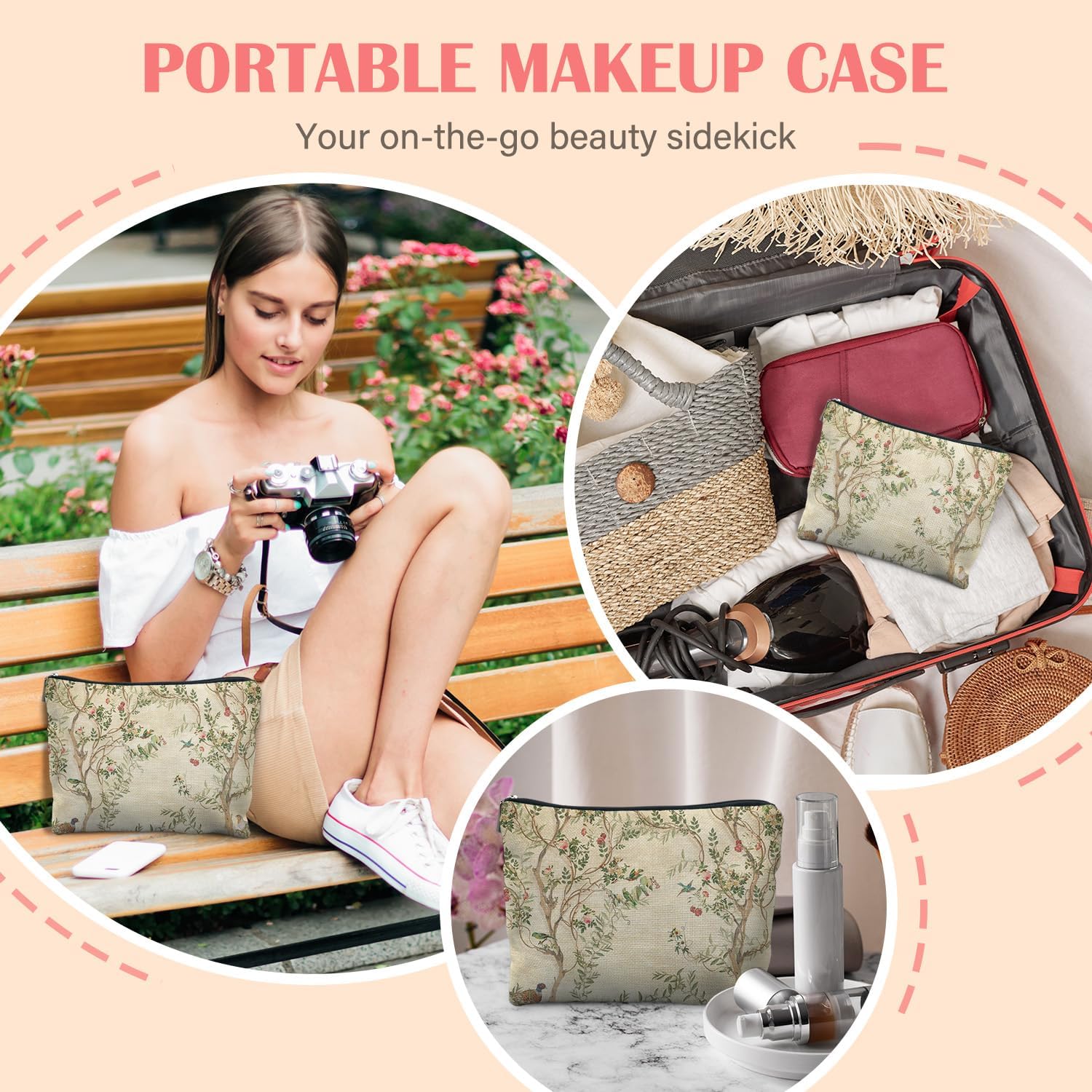 Vintage Chinoiserie Floral Bird Makeup Bag for Women, Retro Spring Flower Cosmetic Bag for Purse, Elegant Botanical Makeup Zipper Pouch - Image 5