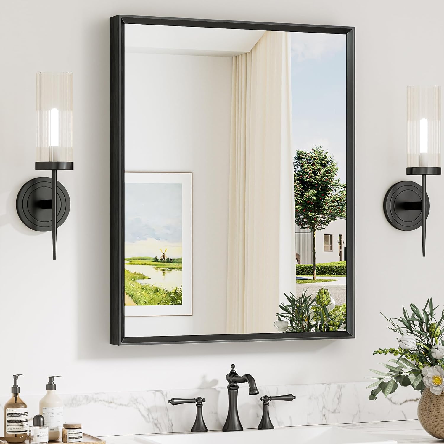 Keonjinn 24 x 30 Inch Black Bathroom Mirrors for Over Sink, Beveled Rectangle Framed Mirrors for Wall, Black Bathroom Vanity Mirror, Tempered Glass, Square Corner, Farmhouse Style