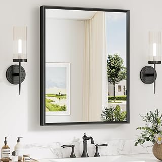 24x30 Black Framed Bathroom Mirror Over Sink, Stable Mount