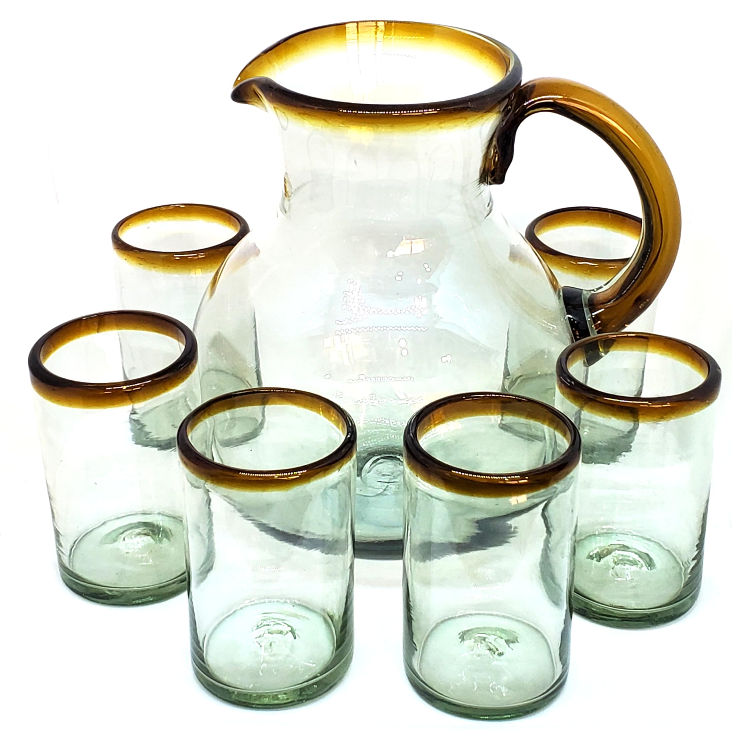 Amber Rim 120 oz Pitcher and 6 Drinking Glasses set, Recycled Glass, Lead-free, Toxin-Free (Pitcher &amp; Glasses)