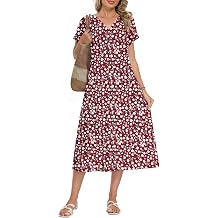 WNEEDU Women Summer Midi Dress Twist Front V Neck Short Sleeve Loose Casual Pockets