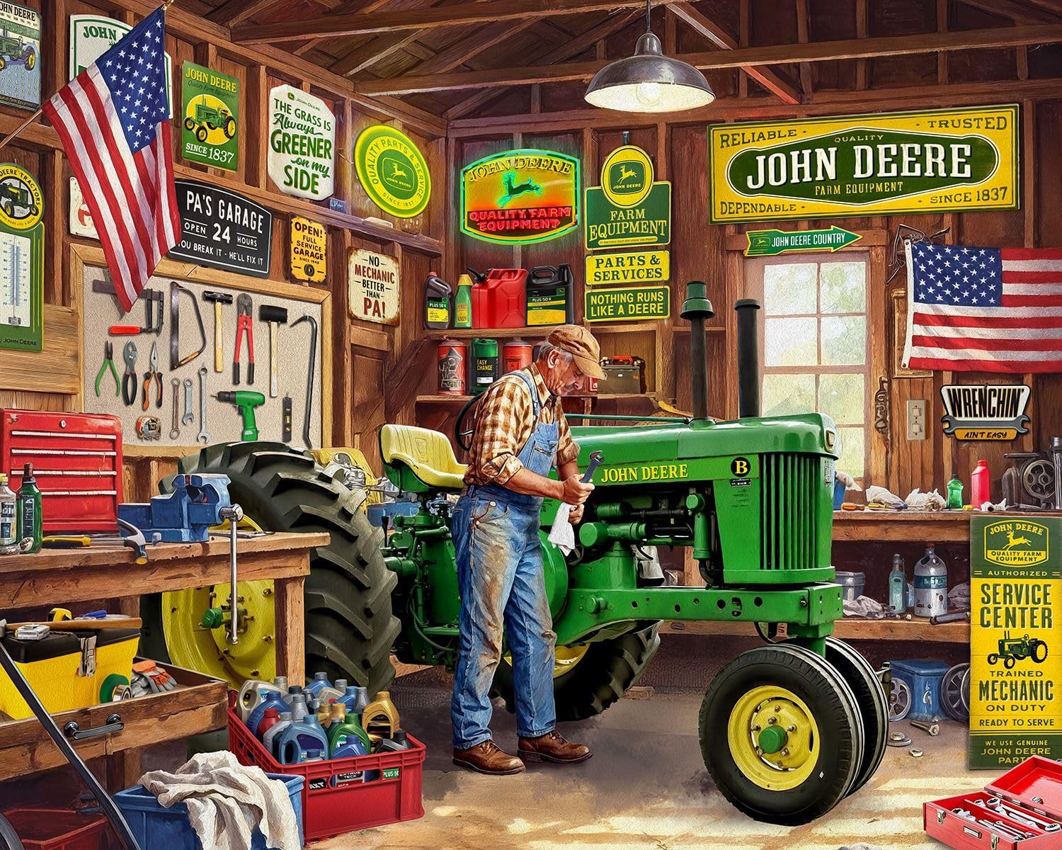 Springbok Grandpa's Garage 1000 Piece Jigsaw Puzzle for Adults - John Deere Tractor - Unique Cut Pieces - Made in USA