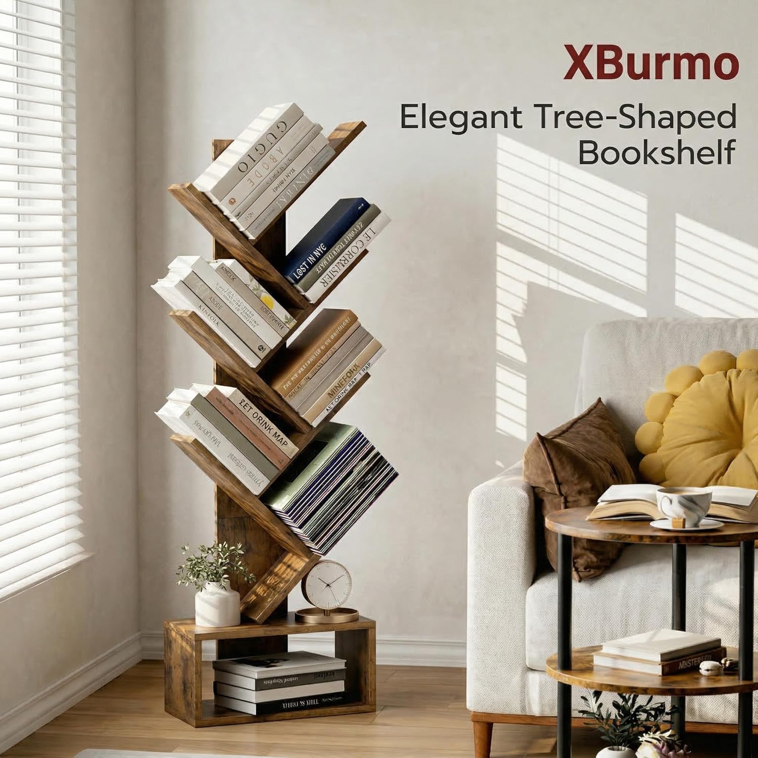 6 Tier Tree Book Shelf - Small Bookshelf Decor, Corner Bookshelf, Living Room Storage, Tall Narrow DVD & CD Shelf Storage Bookshelves, Comic Bookcases Standing for Bedroom or Office, Rustic Brown