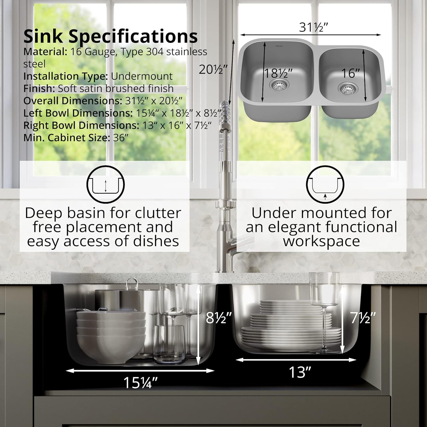 Karran 32" Undermount 16-Gauge Stainless Steel 60/40 Double Bowl Kitchen Sink Kit
