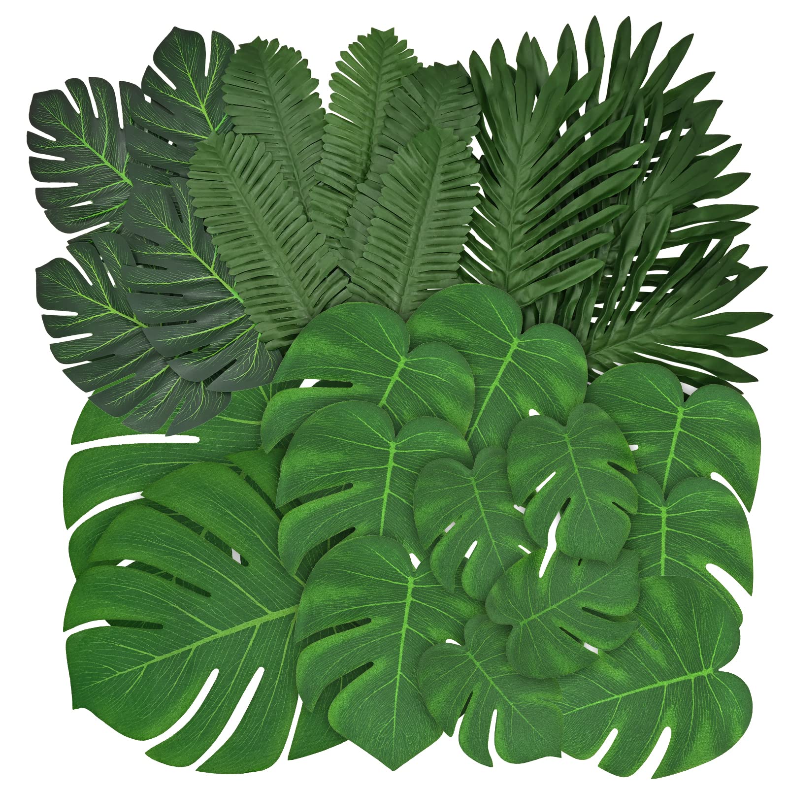 Dolicer 84 Pieces 6 Kinds Artificial Palm Leaves, Tropical Monstera Leaves, Safari Jungle Leaves Decorations, Fake Palm Leaf with Stems for Hawaiian Luau Theme Party Table Beach Wedding Birthday Party