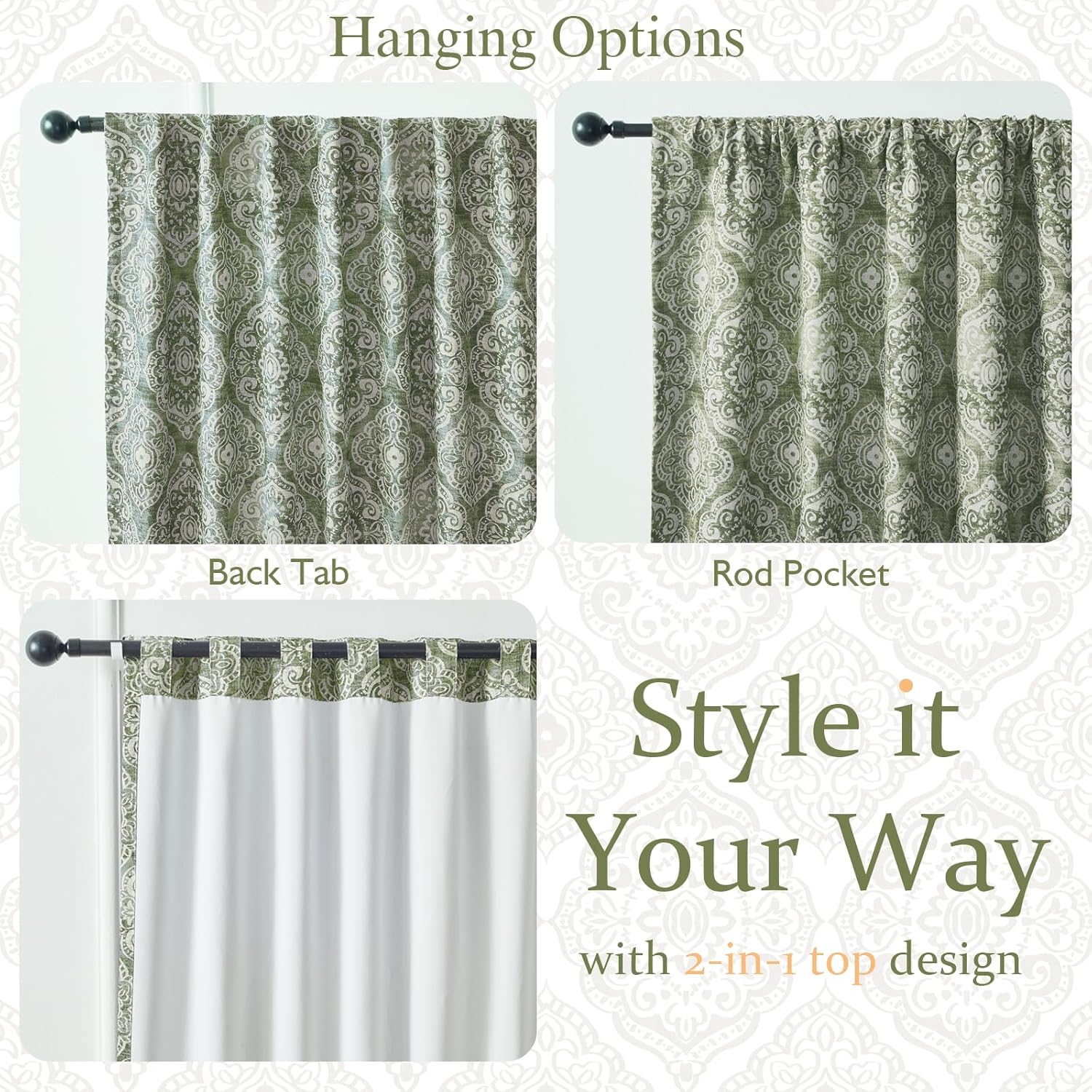 OWENIE Blackout Curtains for Bedroom 84 Inches Long 2 Panels, Thermal Insulated Elegant Printing Double Layer Curtains for Living Room, Rod Pocket Back Tab Room Darkening Drapes, 52Wx84L, Sage Green
