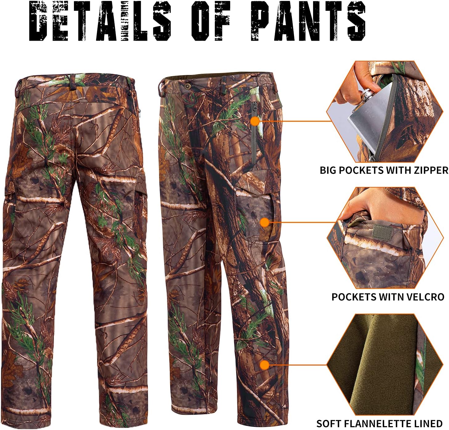 Hunting Pants for Men Camouflage Clothing Gear Windproof Fleece Lined for Winter - Image 3
