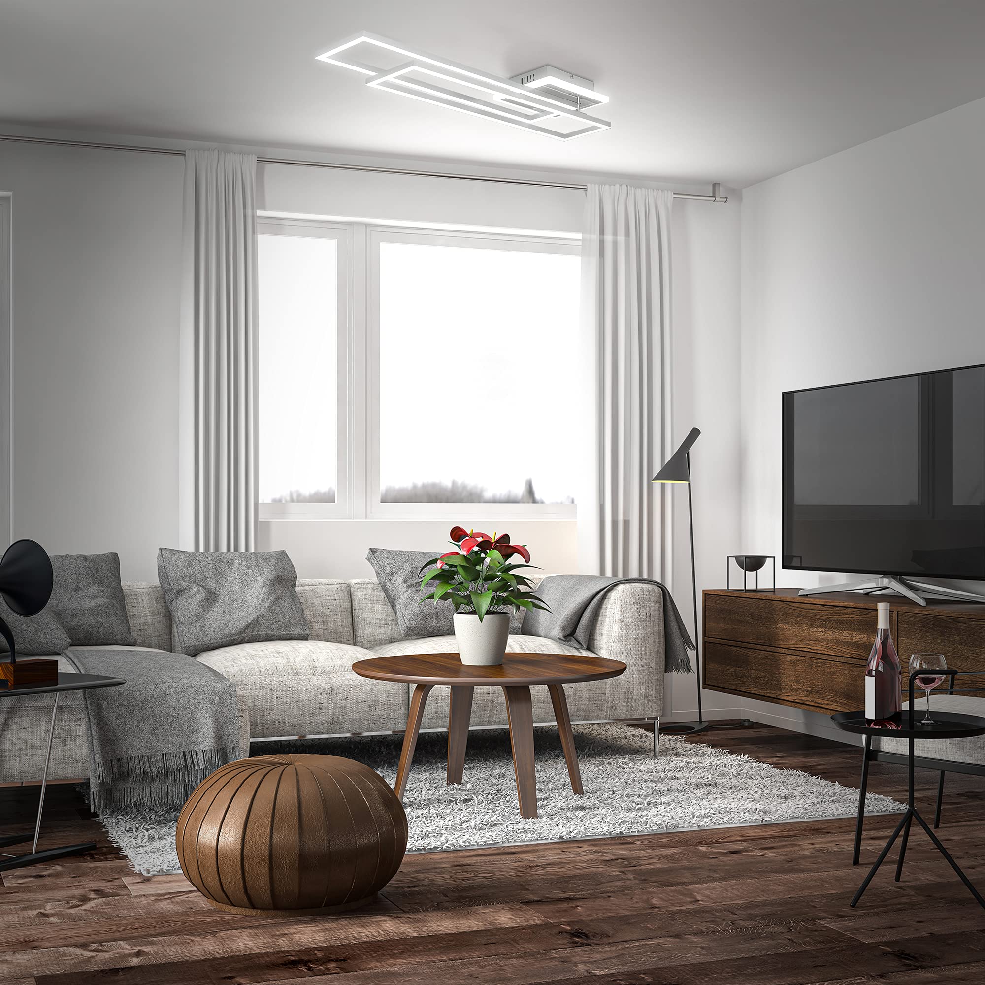 B.K.Licht - LED Deckenlampe mit Fernbedienung, beleuchtete Auflage, einstellbar von warmweiß bis kaltweiß, Deckenleuchte, LED Lampe, Wohnzimmerlampe, Schlafzimmerlampe, 110x24,8x8 cm, Chrom-Alu