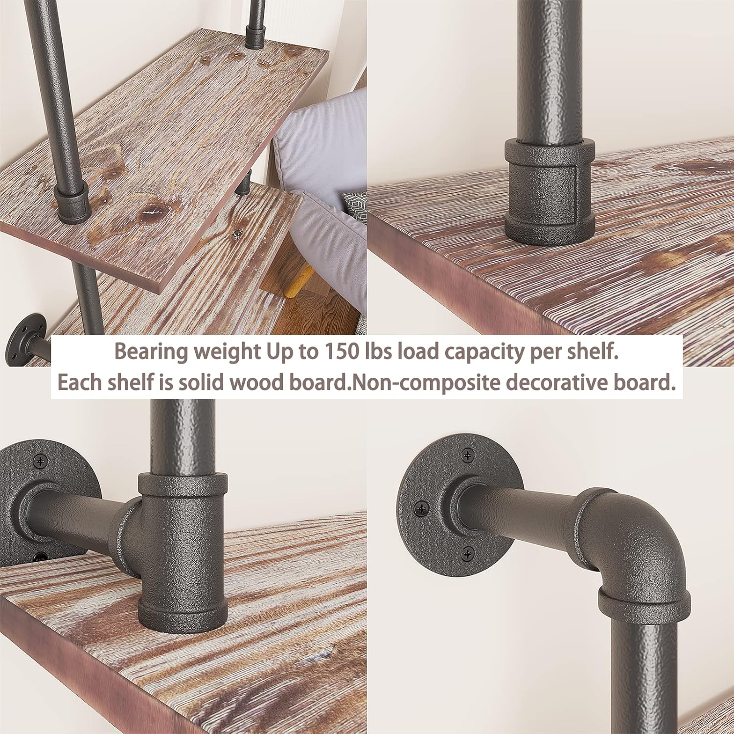 Yuanshikj 5 Tier Industrial Pipe Solid Wood Ladder Shelf/Shevles/Shelving Bookshelf/Bookcase Metal Iron Planks Rustic Wall Mounted for Living Room Decor Storage (5 Tier with 24" Solid Wood)