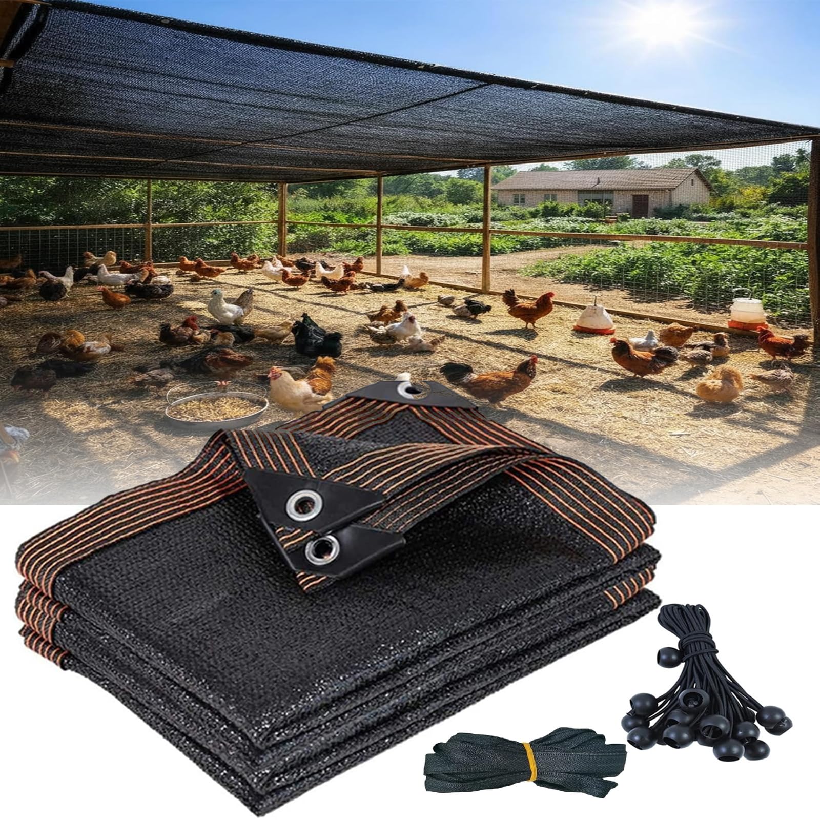 Chicken Coop Sun Shade Net, 90% UV Block 11.5x6.6 FT Heavy Duty Mesh Cloth with Bungee Cords, Easy Install for Poultry Run, Dog Kennel & Garden