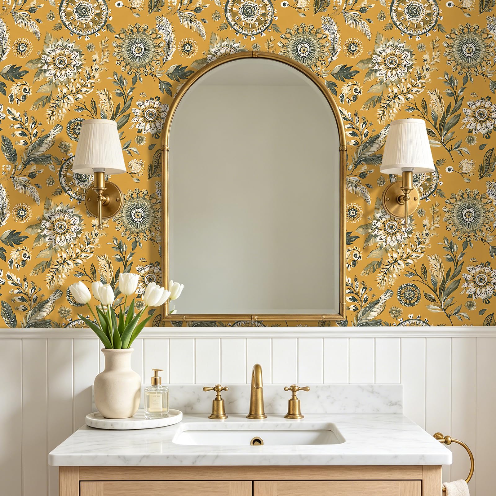FunStick 44.5CMx9M Papel de Pared Autoadhesivo para Dormitorio Baño Amarillo Anaranjado Papel Armario Adhesivo Floral Tropical Impermeable Vinilos para Muebles Flores Hojas Amarillo Vinilo Pared Salon