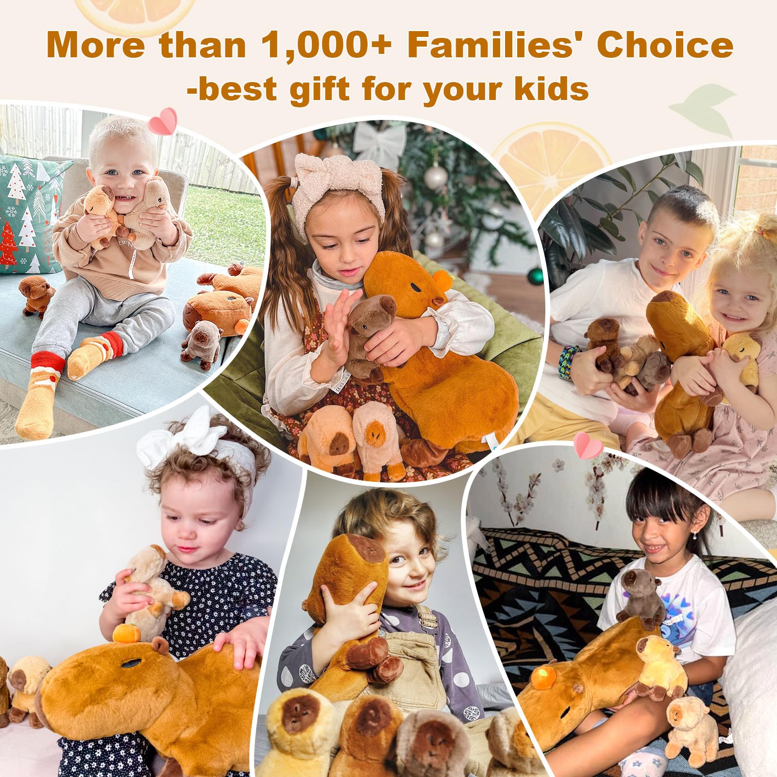 OUOZZZ Peluche Capibara, comprend 4 bébés et peluche Capbara orange de 36 cm de printemps chaud - Jouet cadeau pour filles, garçons et petits bébés