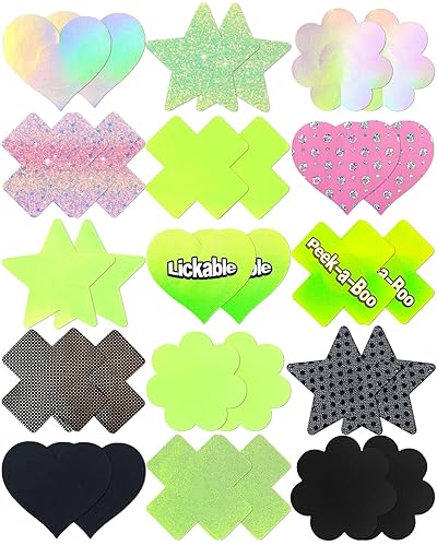 RIFAUM 15 Pairs Nipple Pasties Boob Stickers Nipple Covers for Women Thin Heart Star X Rave Pasties - 01 Neon Green-black - 15
