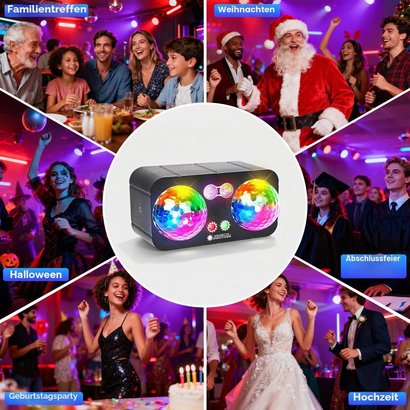 6 in 1 Discolicht Partylicht mit Stativ, Discokugel DJ Licht mit Stroboskop, Musikgesteuert LED Disco Party Licht, Sound-aktivierte Party Lampe mit 3M USB für Heimclub, Karaoke, Halloween, Weihnachten