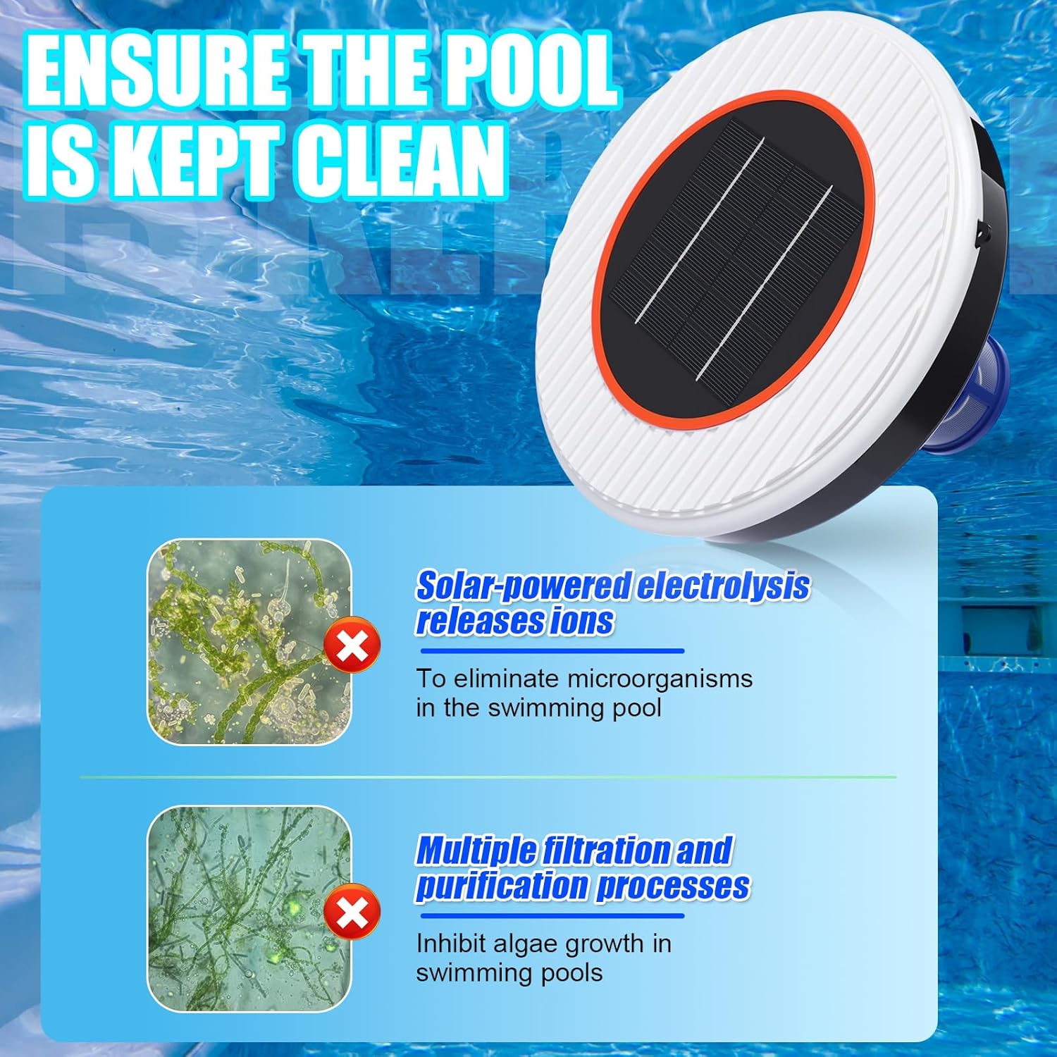 Solar Pool Ionizer with 2 Copper Anode, Floating Water Cleaner and Purifier, Kill Algae in Pool, 85% Less Chlorine, with 4 Pcs Scum Eliminating Ball for Fresh Salt Water Pools Spas