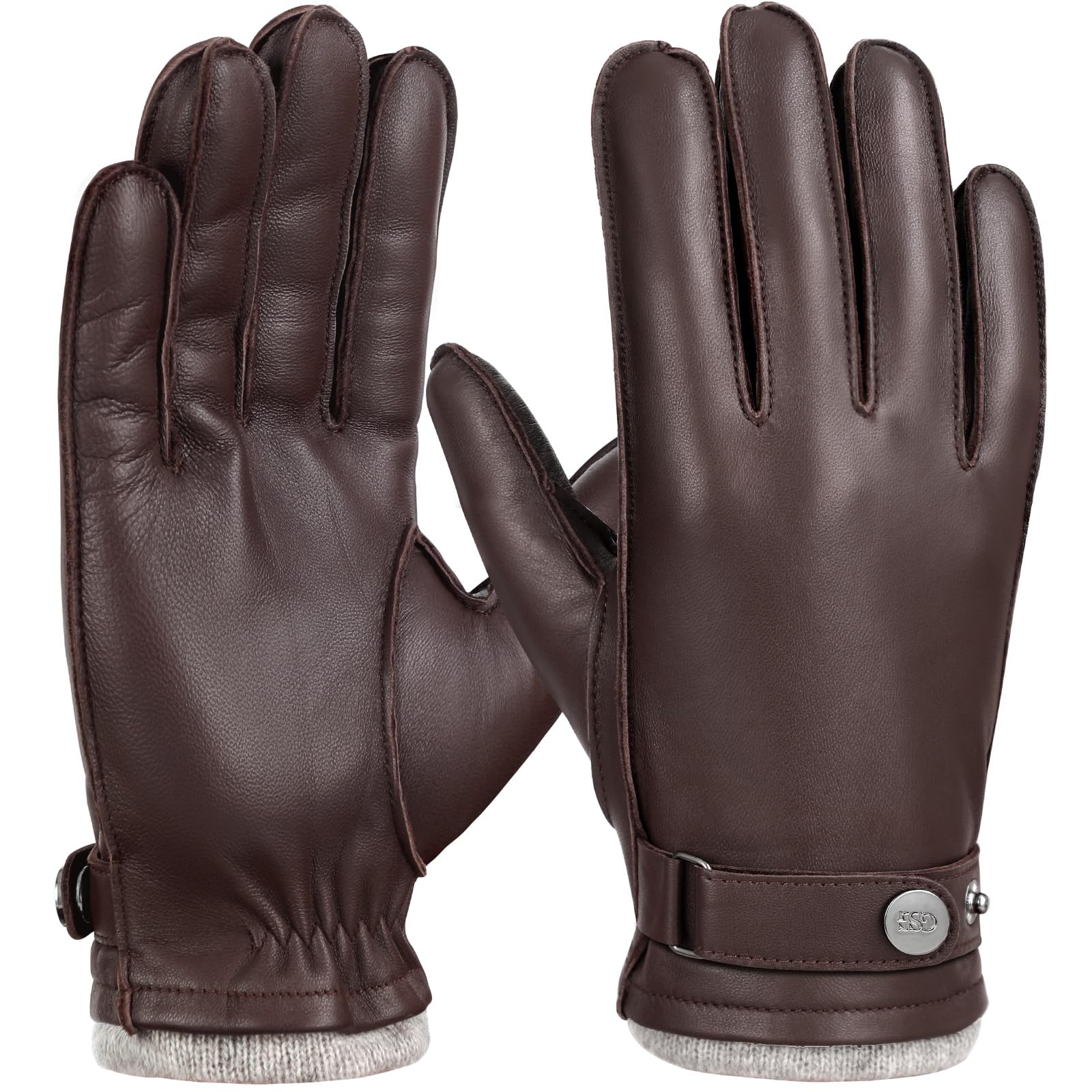 GSG SINCE 1998 Guantes de Cuero Hombre | Piel de Oveja, Compatibles con Pantalla Táctil, Forro de Lana, Guantes de Invierno Cálidos para