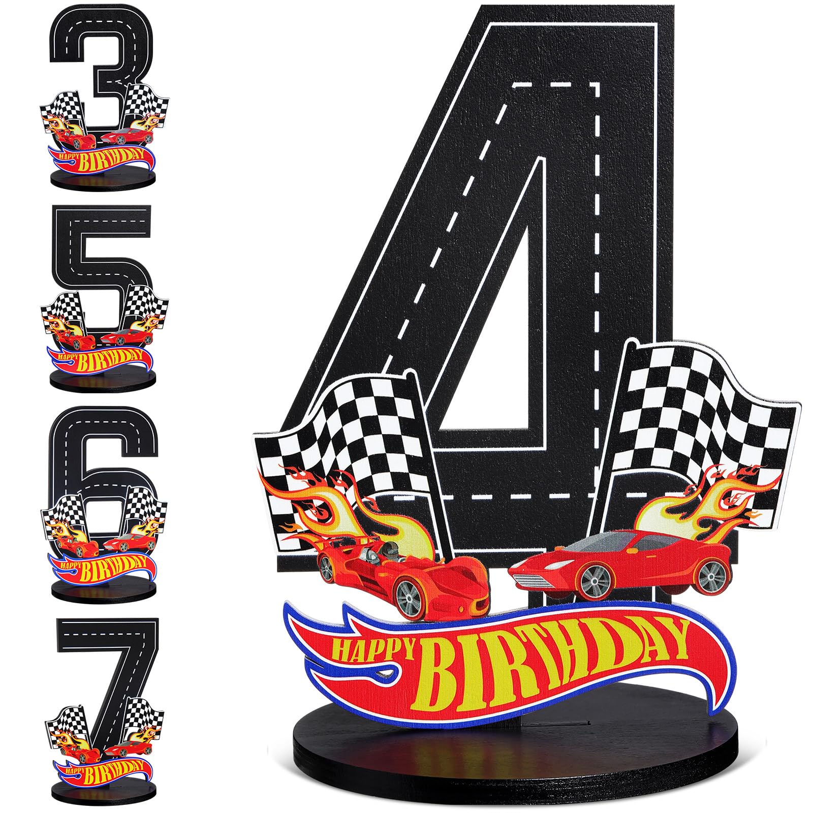 Race Car 4th Birthday Number Sign Centerpiece Race Car Theme 4th Birthday Party Supplies Wooden Table Decoration Photo Props for Boys Four Years Old