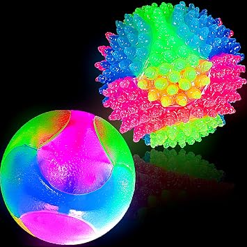 Skylety 2 Pack Light up LED Dog Balls 2.5" Color Interactive Flashing Glow in The Dark Pet Toy Bounce-Activated Elastic Silicone Ball for Small Medium Dogs Puppy Night Outdoor FetchClassic Style