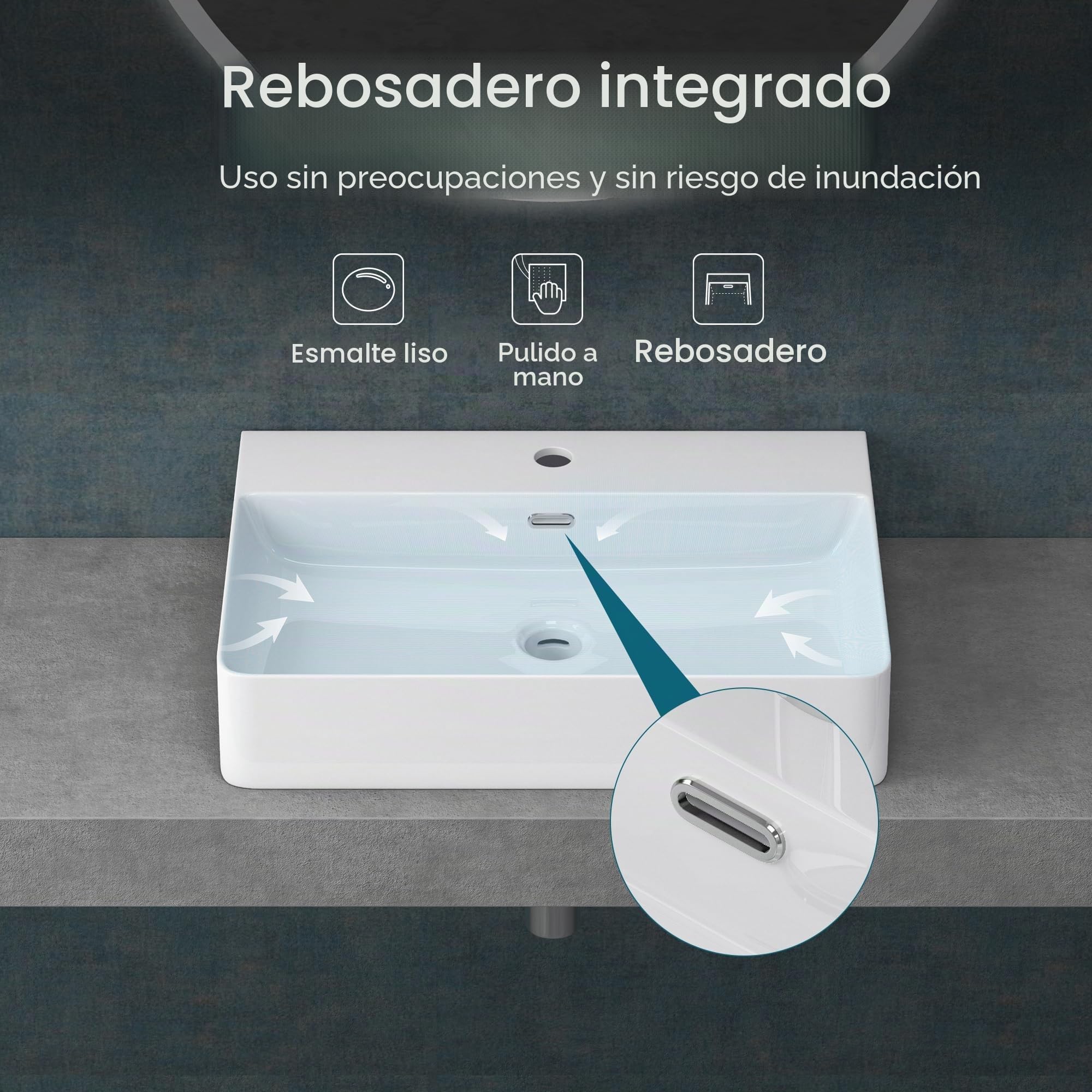 Mai & Mai Lavabo Sobre Encimera Suspendido | Rectangular | Blanco Brillante | Cerámica | 60x42x12cm | Con Orificio para Grifo Con Rebosadero | Meissen201 | Meissen201-600 - Lavabo de baño suspendido, color blanco brillante