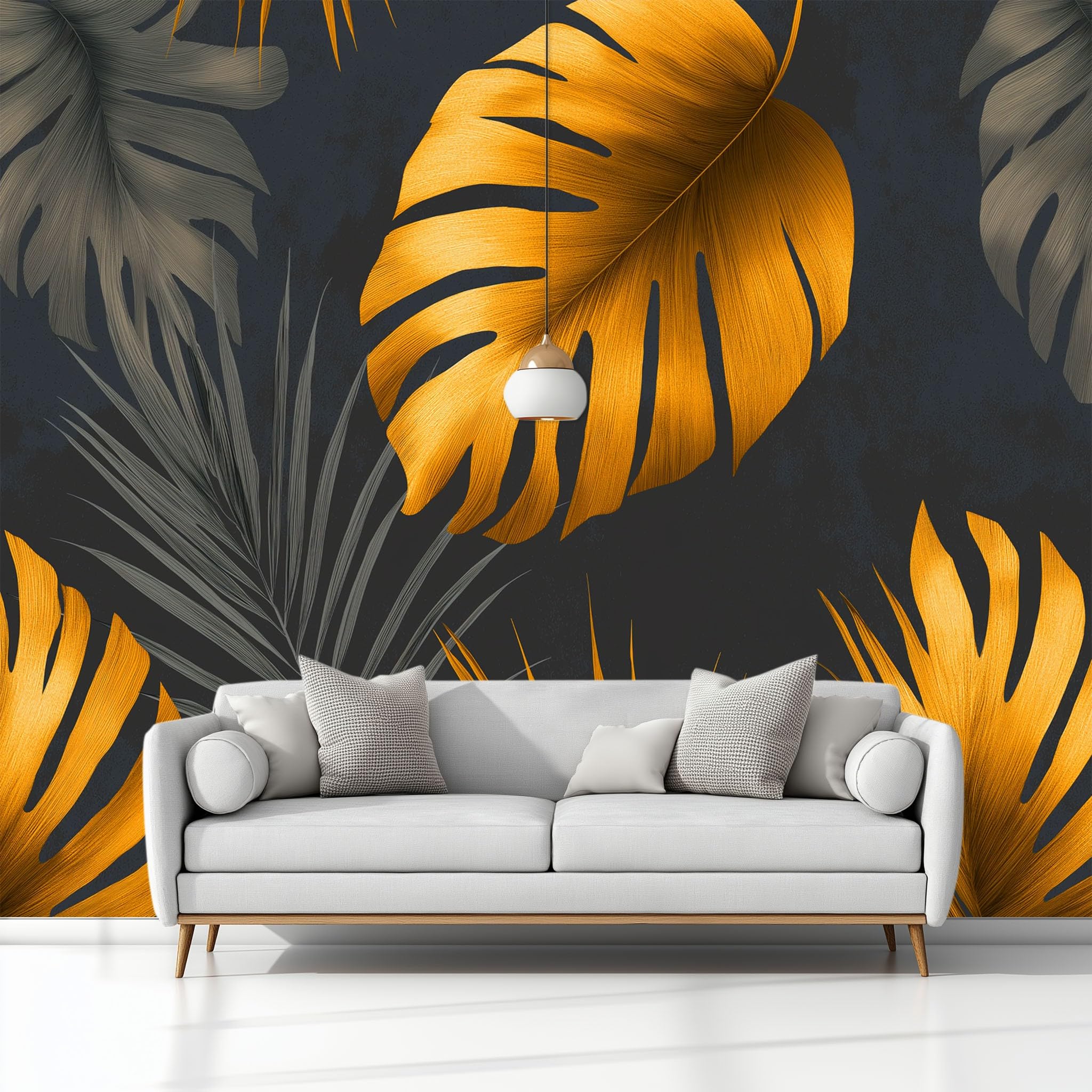 Tapeta panoramiczna, plakat 350 x 256 cm (szer. x wys.), tapeta z włókniny, dekoracja ścienna, minimalistyczny, botaniczny, złota monstera – dla dziewcząt, chłopców, do sypialni i salonu (ciemnoszara)