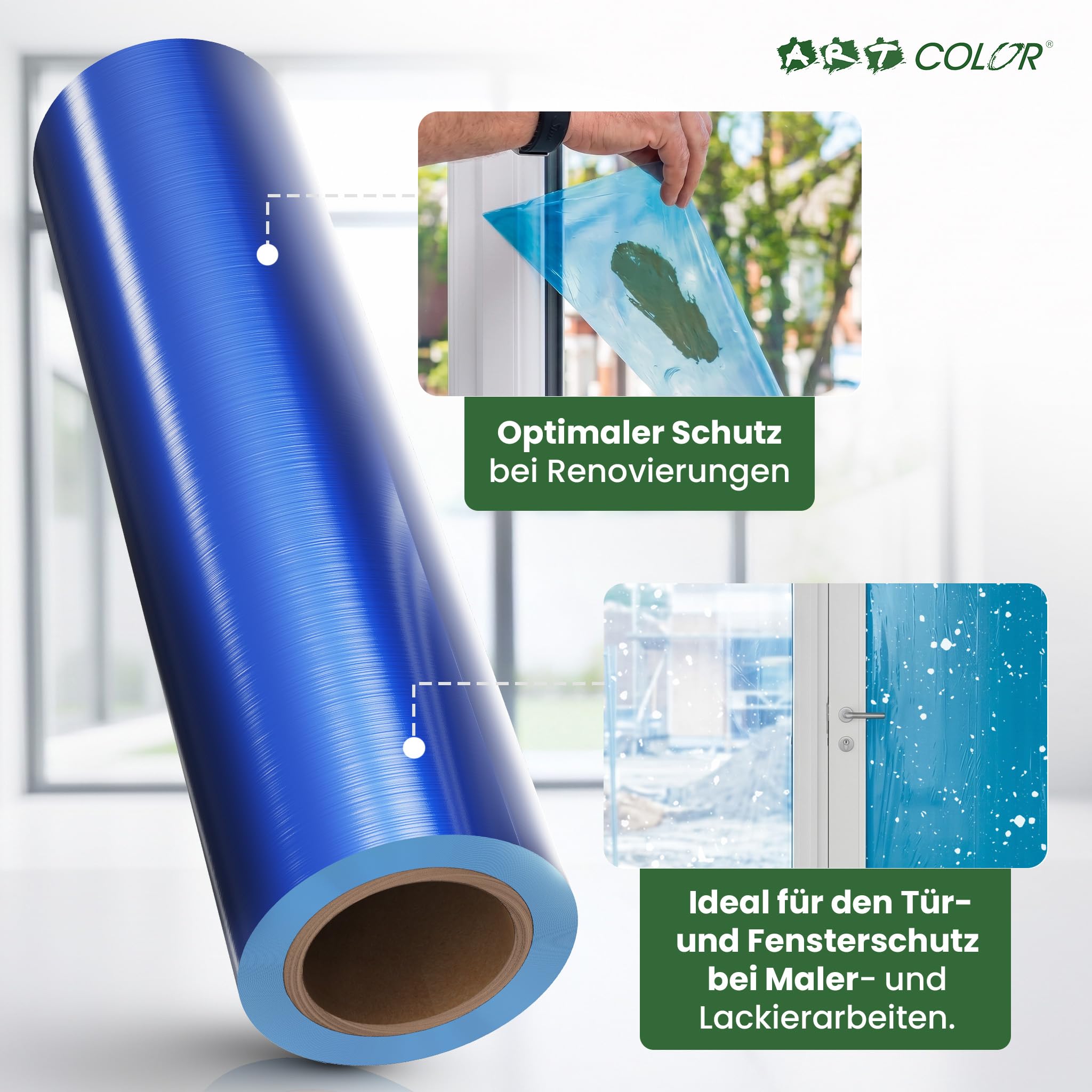 Fensterschutzfolie Blau 50cm x 100m 50my – Selbsthaftende PE-Folie als Abdeckfolie & Malerfolie – Wasser- & UV-beständige Schutzfolie für Fenster und Türen