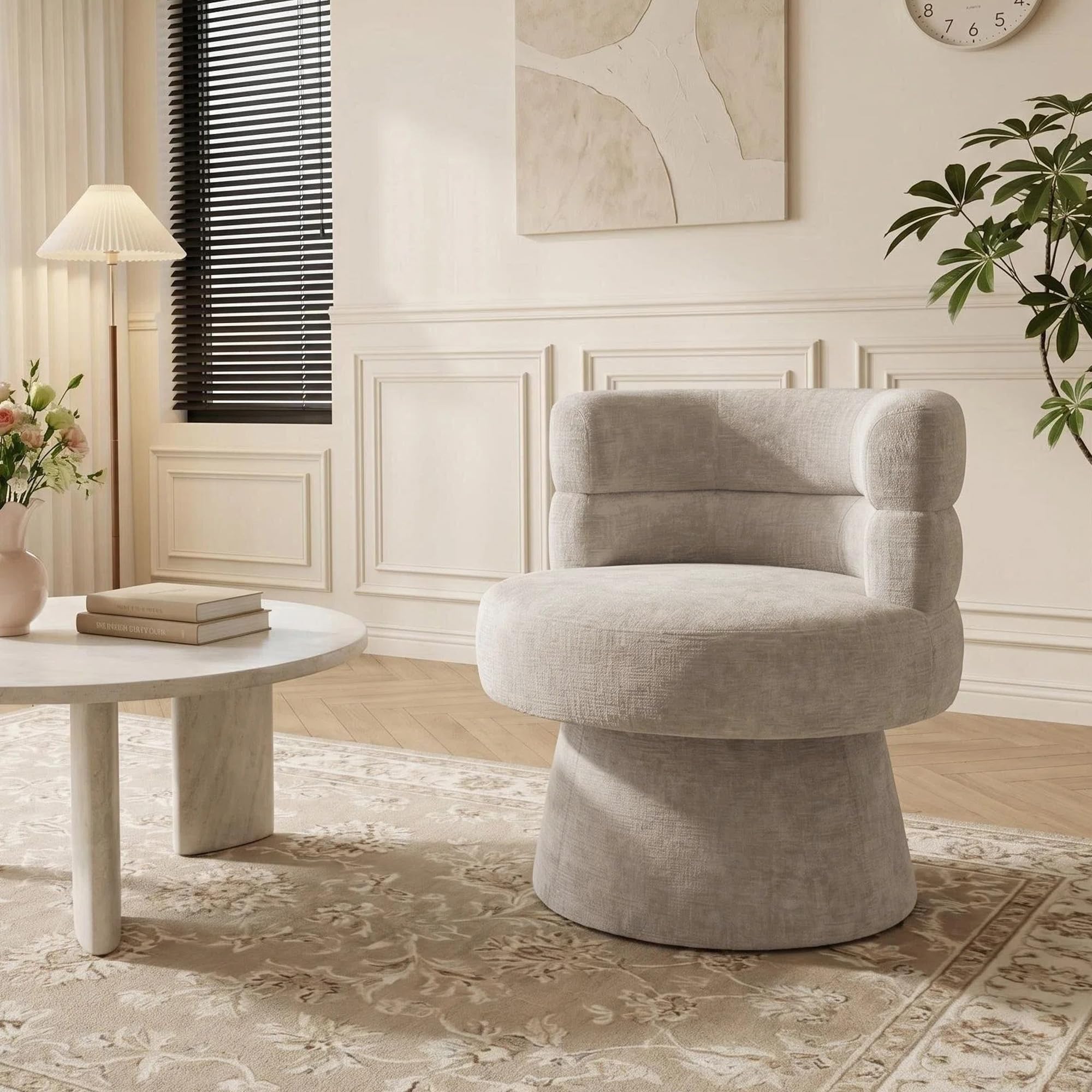 Duhome Loungesessel Wohnzimmer 360° Drehbarer Sessel mit Armlehnen, Relaxsessel aus Chenille Übergroßer Gepolsterter Sitz für Schlafzimmer Büro Lesesaal, Beige