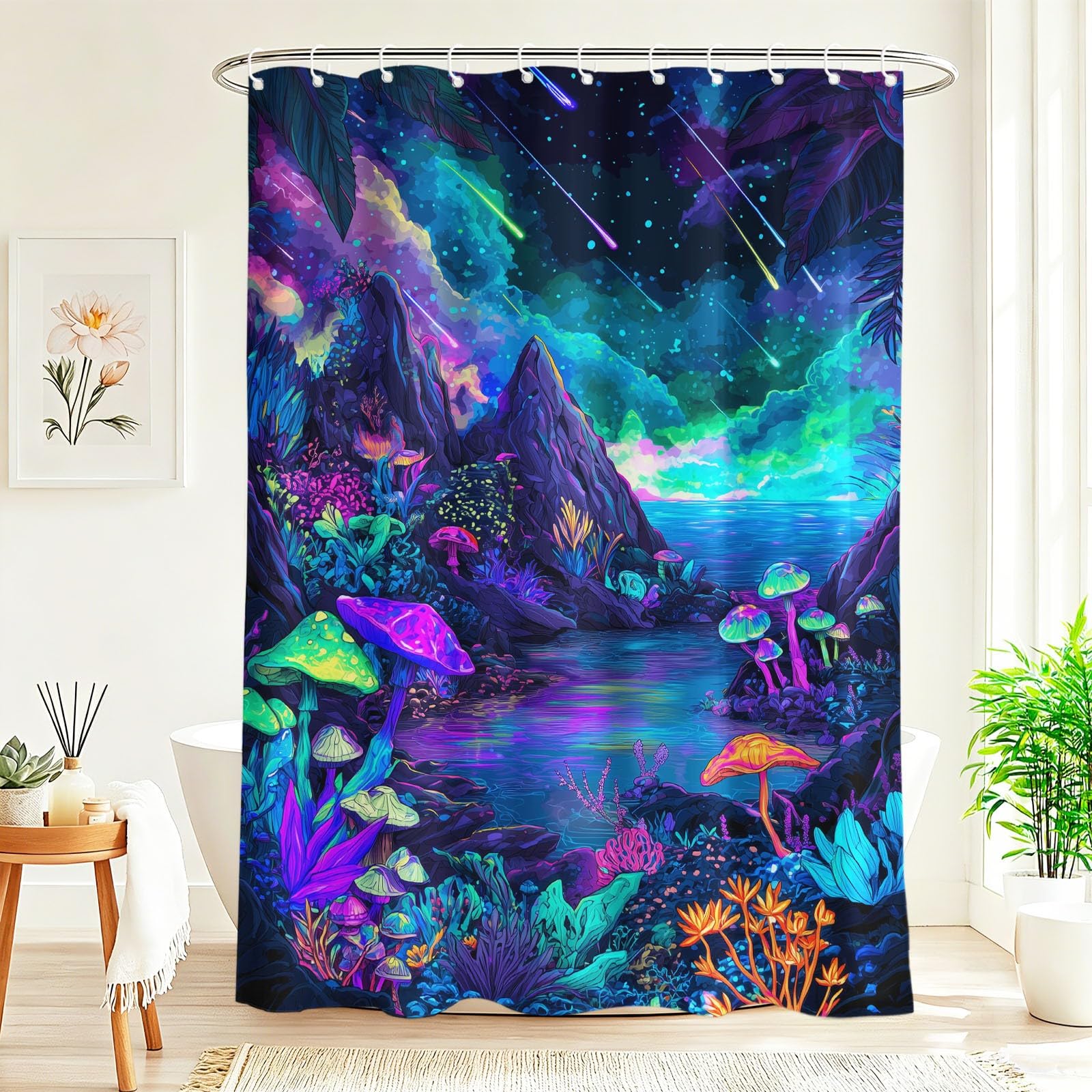 Générique Fancy Paesaggio - Tenda da doccia da sogno a fungo, cielo stellato, in tessuto in microfibra anti-muffa, impermeabile, per bagno, 120 x 200 cm, con ganci
