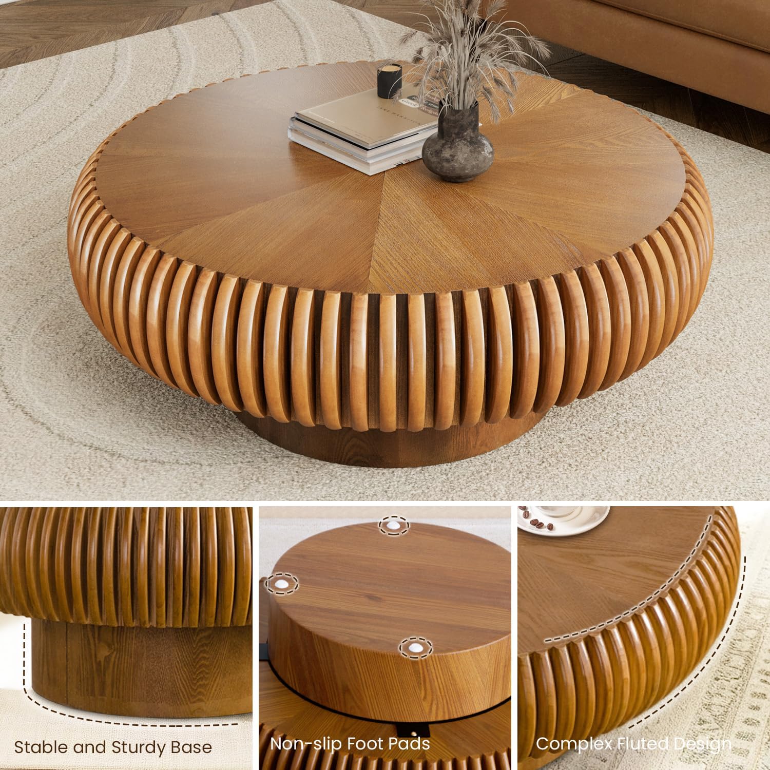 WXFKLDJ Mesa De Centro De Tambor De 80Cm, 31.5" Round Brown | Moderna Y Única, Con Diseño Acanalado, Redonda Y Contemporánea De Madera, Ideal Para Sala De Estar, En Nogal