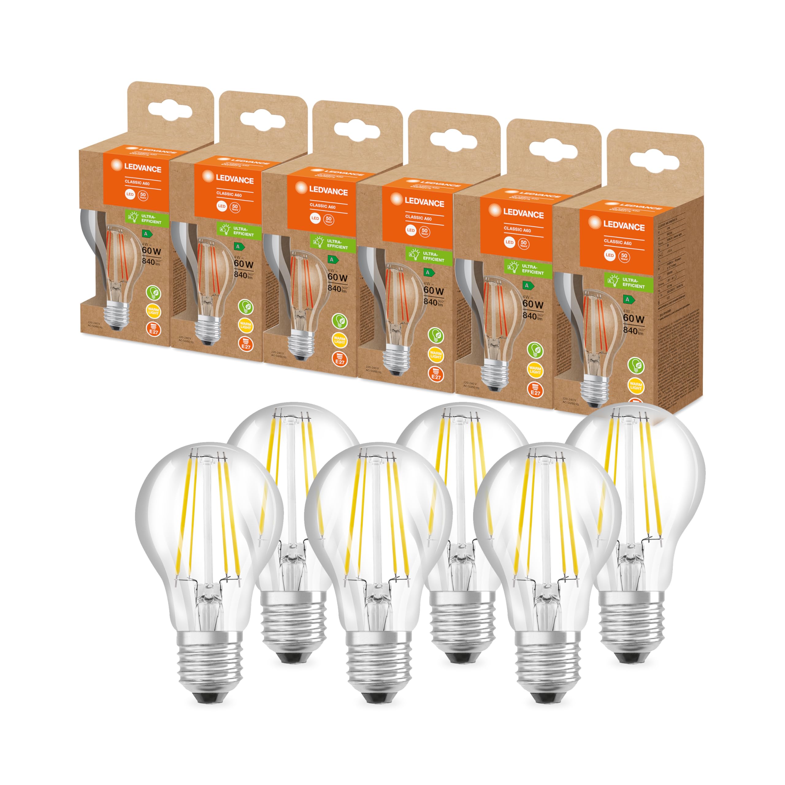 LEDVANCE LED Energy Saving lamp, Glass Filament Bulb, E27, Warm White (3000K), 4 watts, Replaces 60W Bulb, Highly efficient and Energy-Saving, Pack of 6