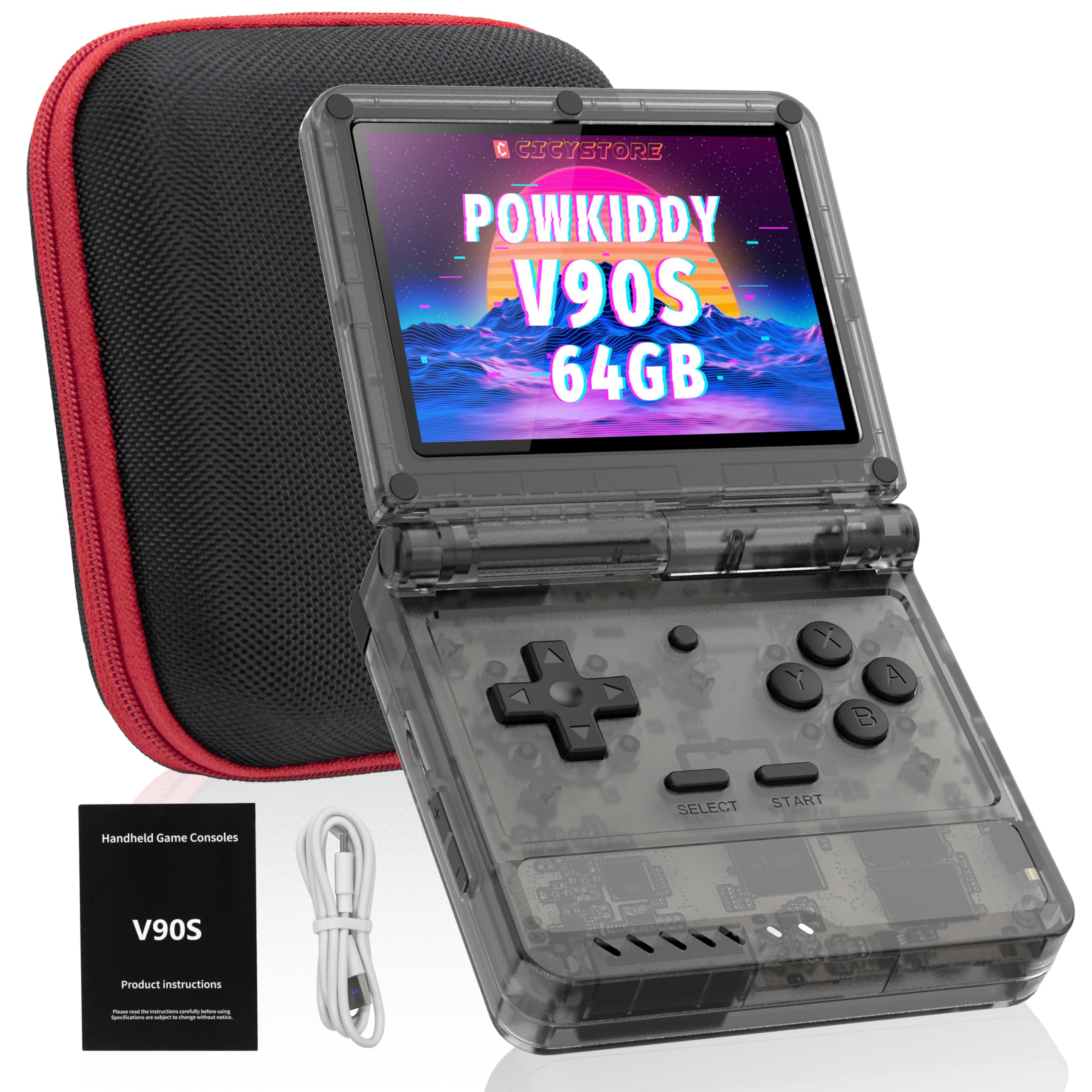 Powkiddy V90S Retro Handheld Console - 10,000+ Preloaded Games, Foldable Clamshell Design, 3.5" IPS Screen, 4-6 Hour Battery, Dual TF Slots (Transparent Black)