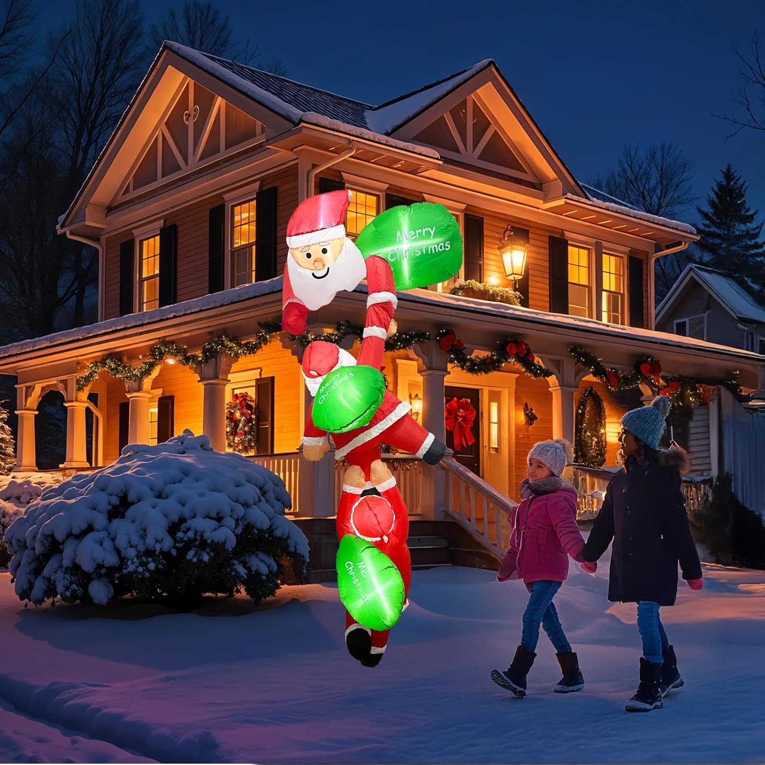 8 FT Hanging Christmas Inflatables Outdoor Decorations, 3 Inflatable Santa Claus Climbing Wall with Built-in LED Lights, Funny Christmas Blow Up Yard Decoration for Xmas Tree Roof Lawn Balcony
