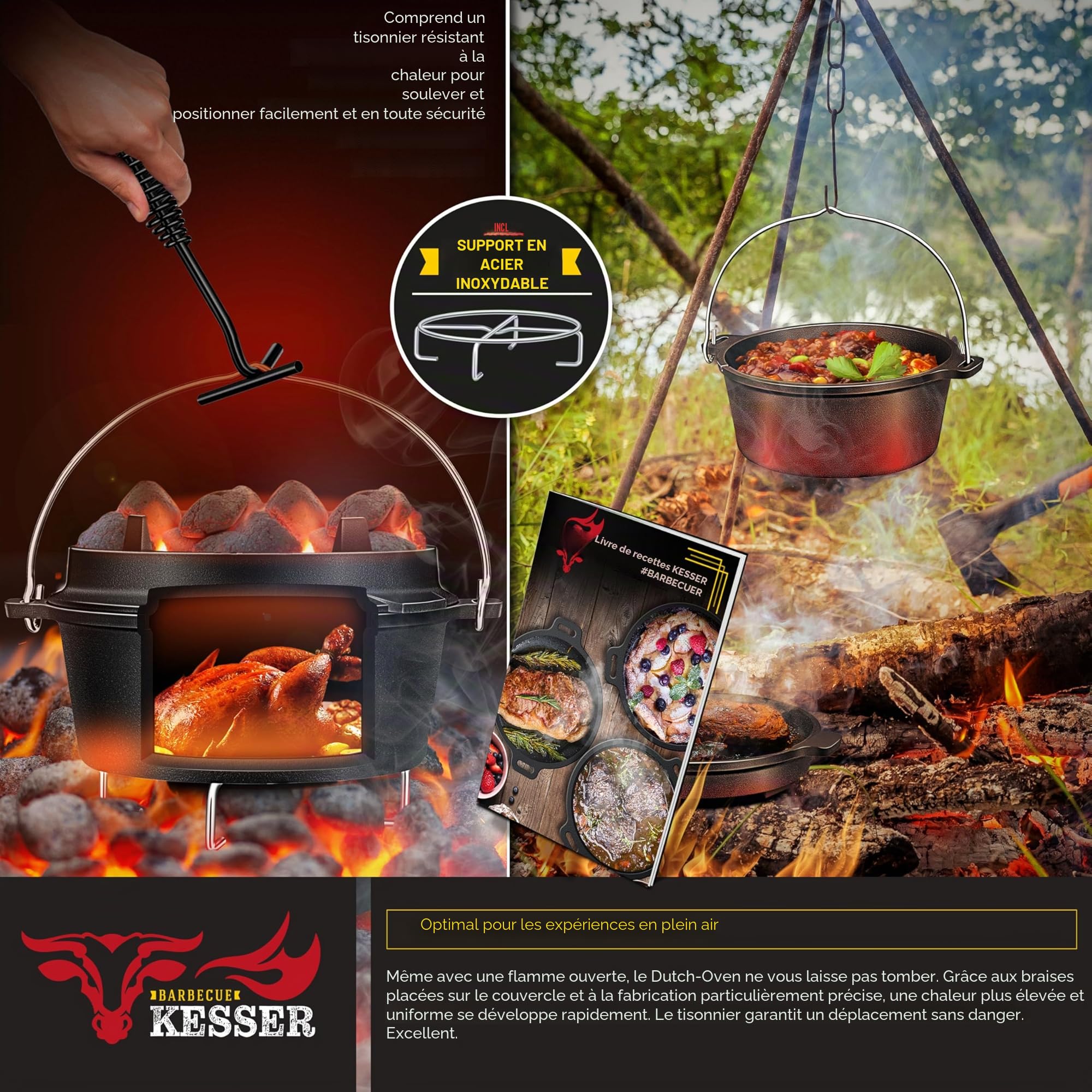 KESSER® Dutch Oven Set BBQ 9 litres, Marmite à feu avec dessous de plat en acier inoxydable, Casserole en fonte avec anse pour soulever le couvercle et fente pour le thermomètre, marmite de cuisson