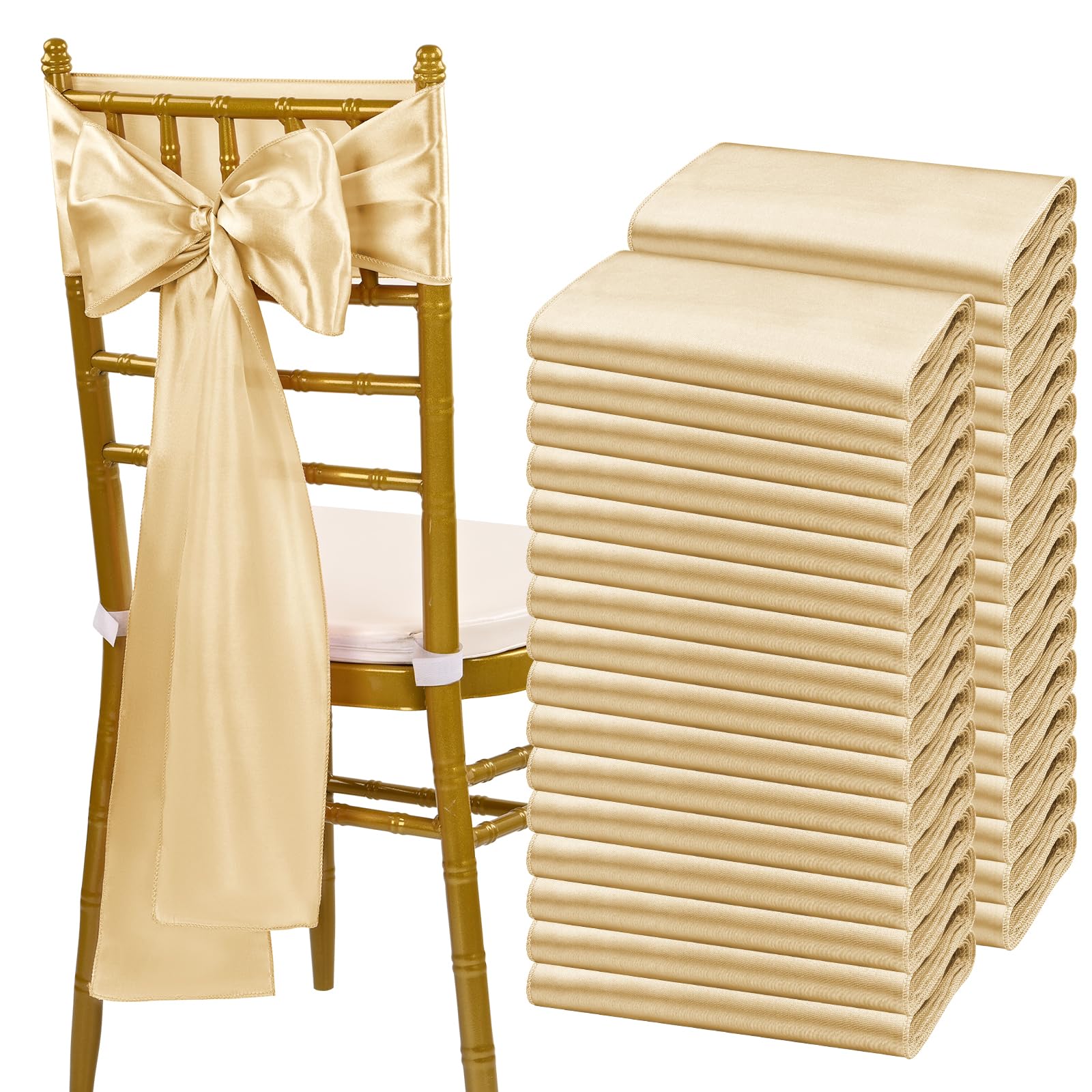 fani 120 PCS Champagne Satin Chair Sashes Bows Universal Chair Cover for Wedding Reception Restaurant Event Decoration Banquet,Party,Hotel Event