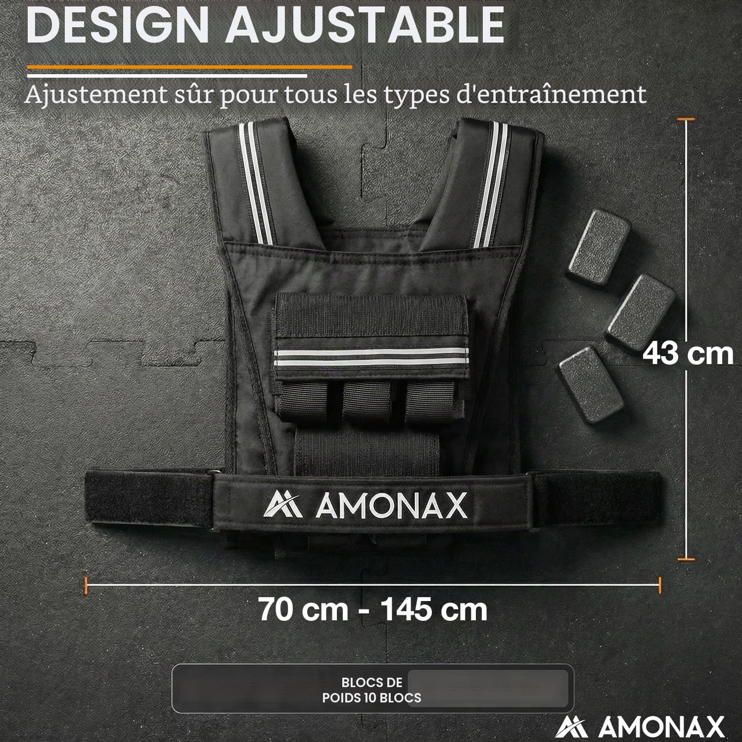 Amonax Gilet Lesté 10kg / 20kg / 30kg, Gilet Lesté Réglable pour Hommes et Femmes avec Éléments Réfléchissants, Weighted Vest pour l’Entraînement Fitness, la Marche et le Renforcement Musculaire