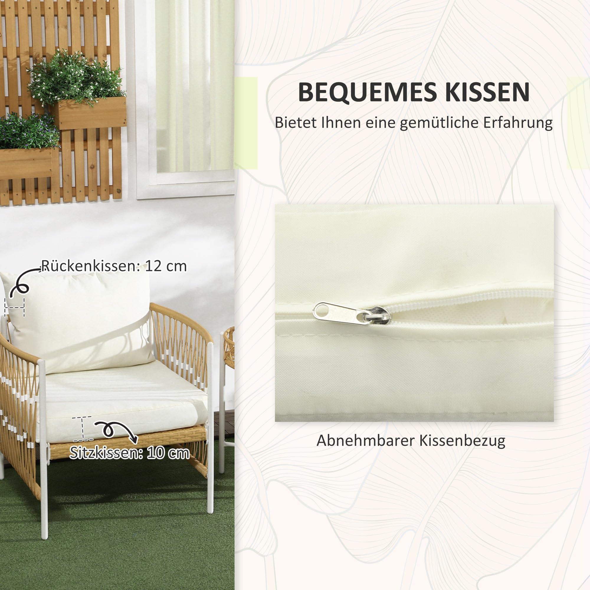 Outsunny Set de 3 Meubles de Jardin en Rotin avec 2 Chaises et Table Basse, Coussins Inclus, Jaune Crème