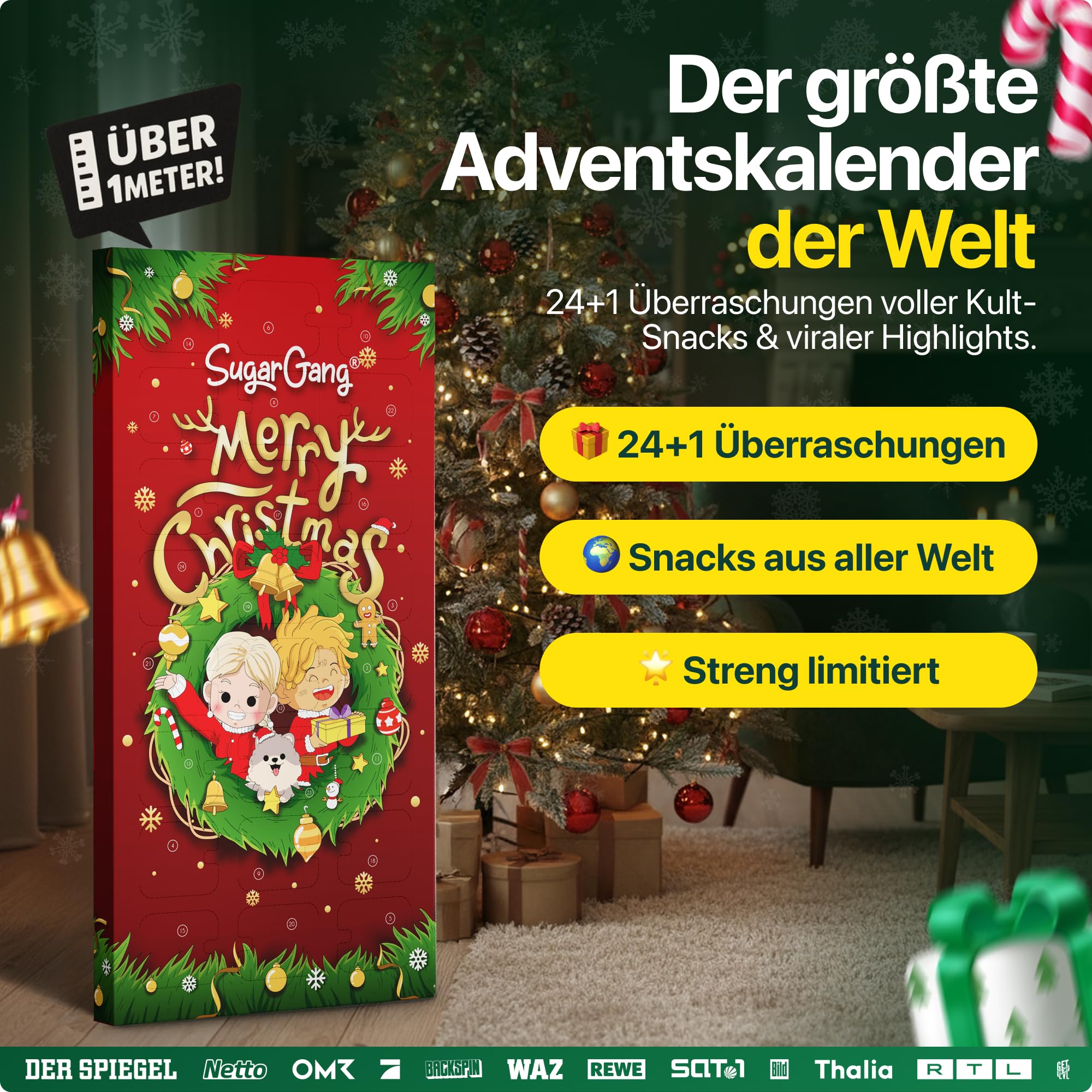 SUGARGANG® XXL Adventskalender 2025 mit Süßigkeiten aus USA & aller Welt [1,15m GROß] - Weihnachtskalender 2025 für Männer, Frauen & Kinder mit exklusiven Produktneuheiten - Süß, Sauer, Salzig