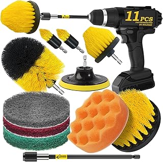 Holikme 11 Piece Drill Brush Attachment Set Scouring Pads Power Scrubber Brush Scrub Pads Cleaning Kit-All Purpose Cleaner for Bathroom Surfaces, Floor, Tub, Shower, Grout, Tile, Corners