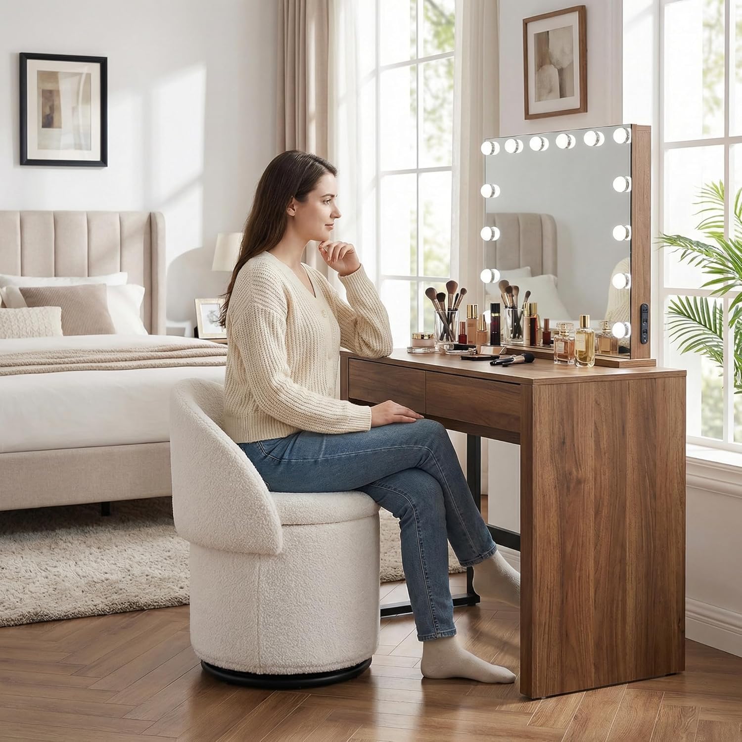 LukeAlon Sherpa Makeup Ottoman with Storage, Upholstered 360° Swivel Vanity Stool with Foldable Backrest Modern Cylindrical Footrest Stool for Living Room Bedroom, White