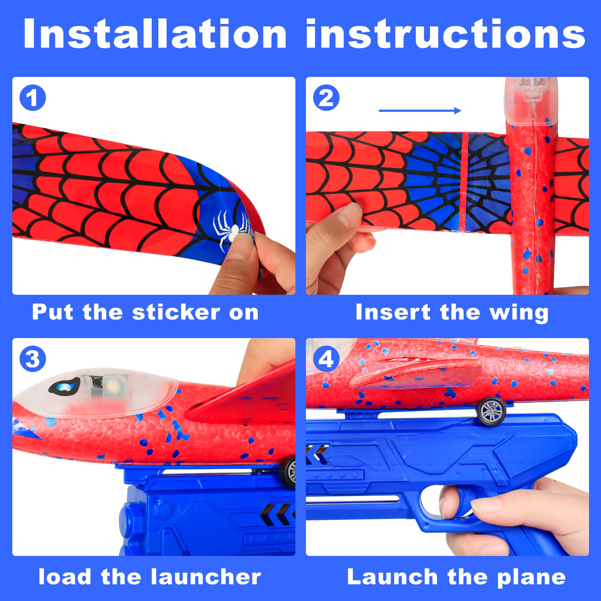 3 Pack Airplane Launcher Toys for Kids, Spider Foam Gliders Catapult Planes with Led, 2 Flight Modes Old Boys Girls Outdoor Flying Toy Outside Sport Birthday Gifts
