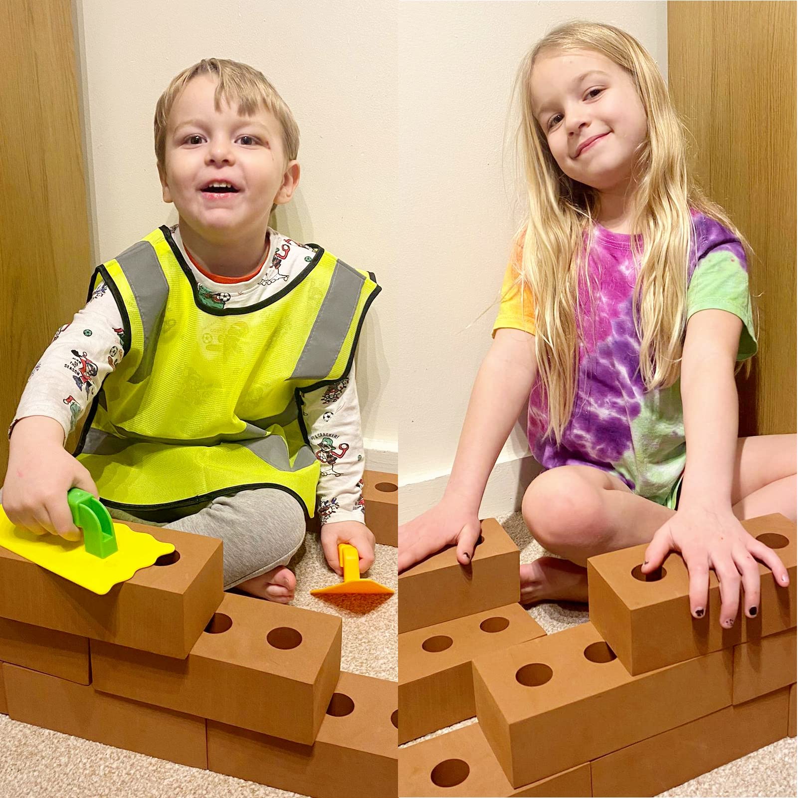 ALLSORTSOUTLET Toy Building 50 Bricks Set | Life Size Realistic EVA Foam Bricklaying Construction Blocks | Soft Play for Kids | Bricklayer Brickie Accessories Included (Tools & Hi Vis Vest)