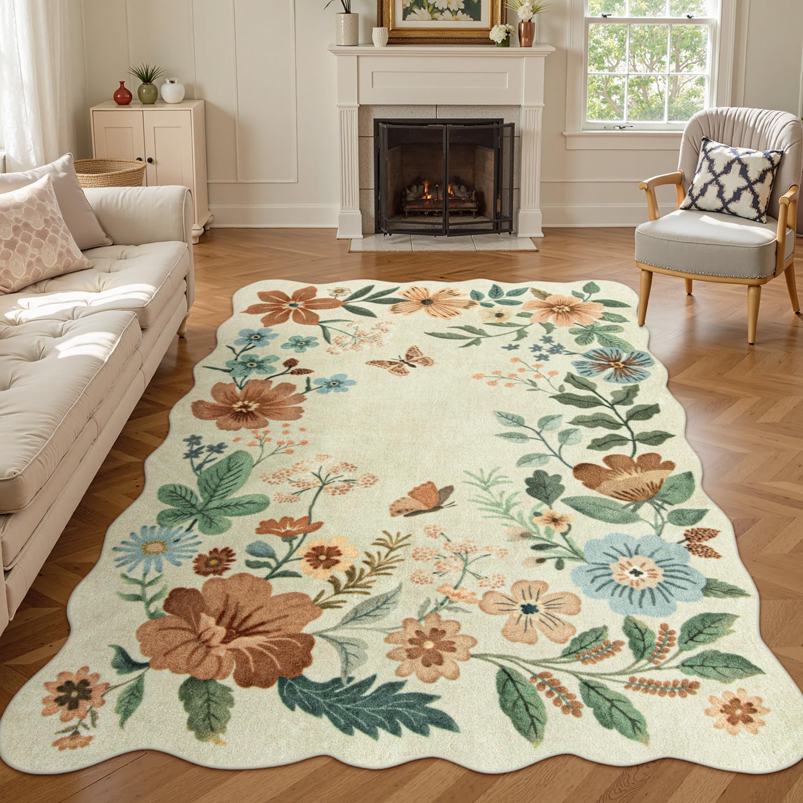 Lahome Floral Living Room Rug, 5x7 Rugs for Bedroom Ultra-Thin Soft Washable Dining Room Rug, Non Slip Stain Resistant Boho Low-Pile Throw Carpet for